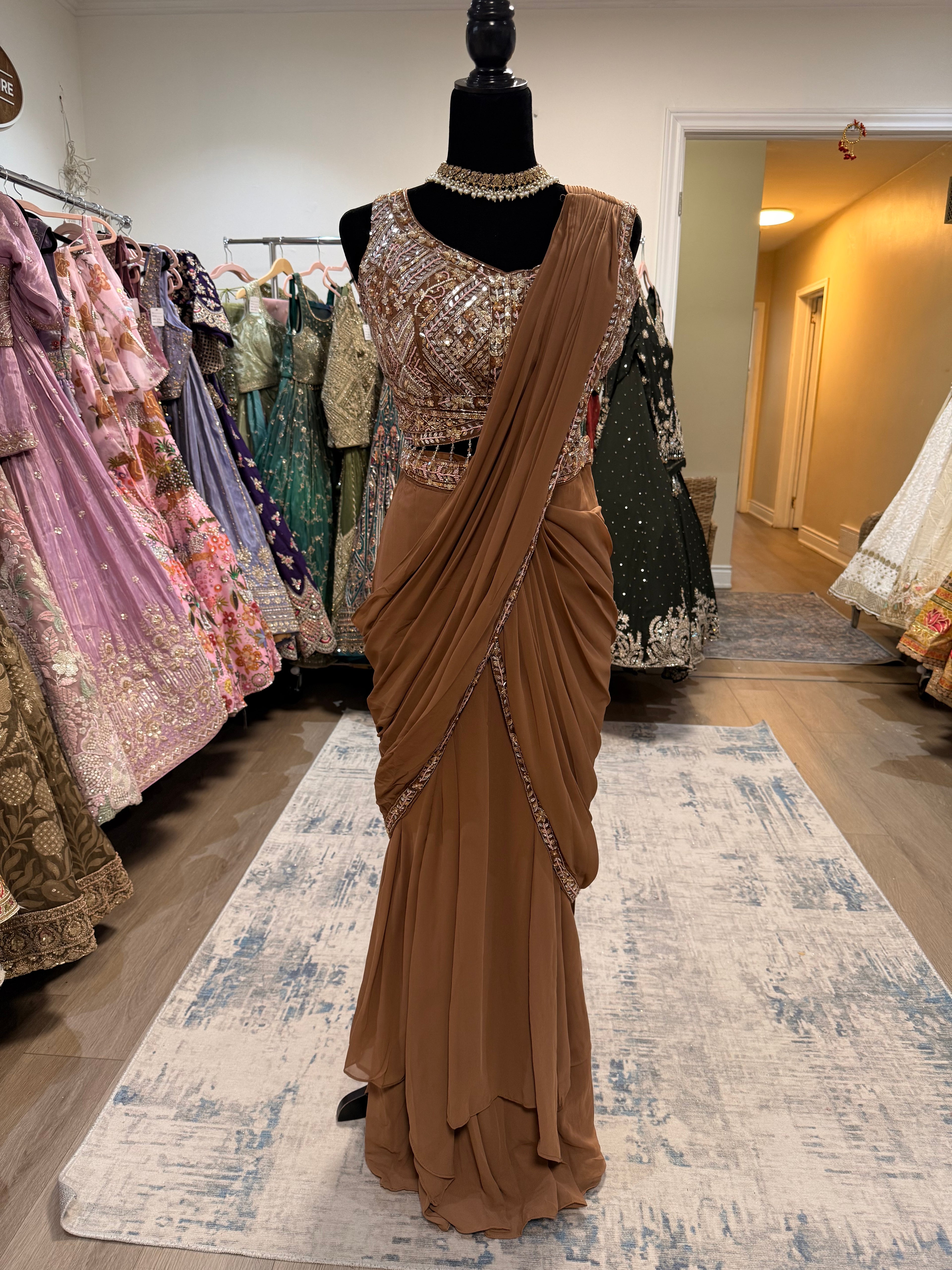 Hand work top with pre drape saree