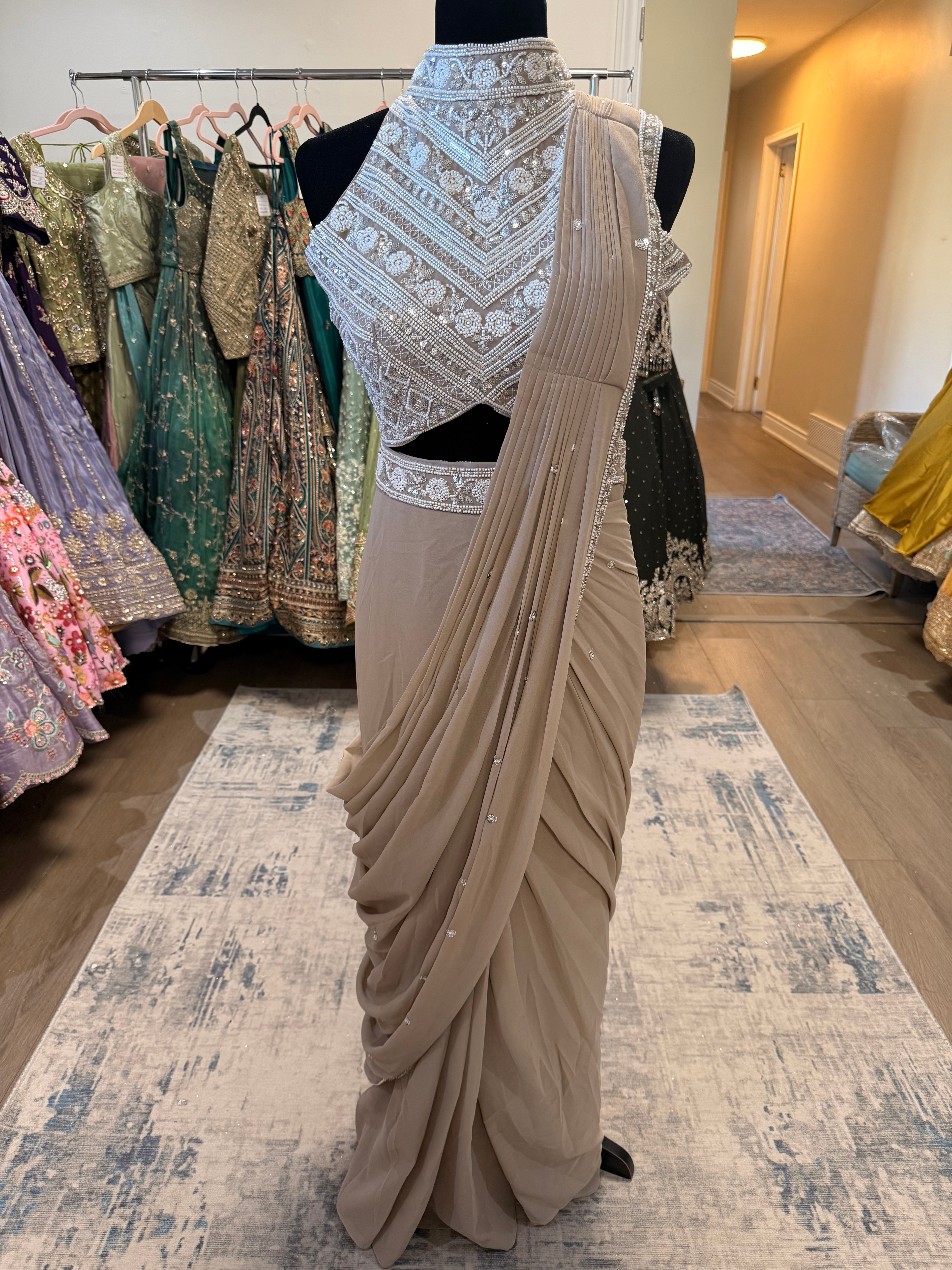 Hand work top with pre drape saree