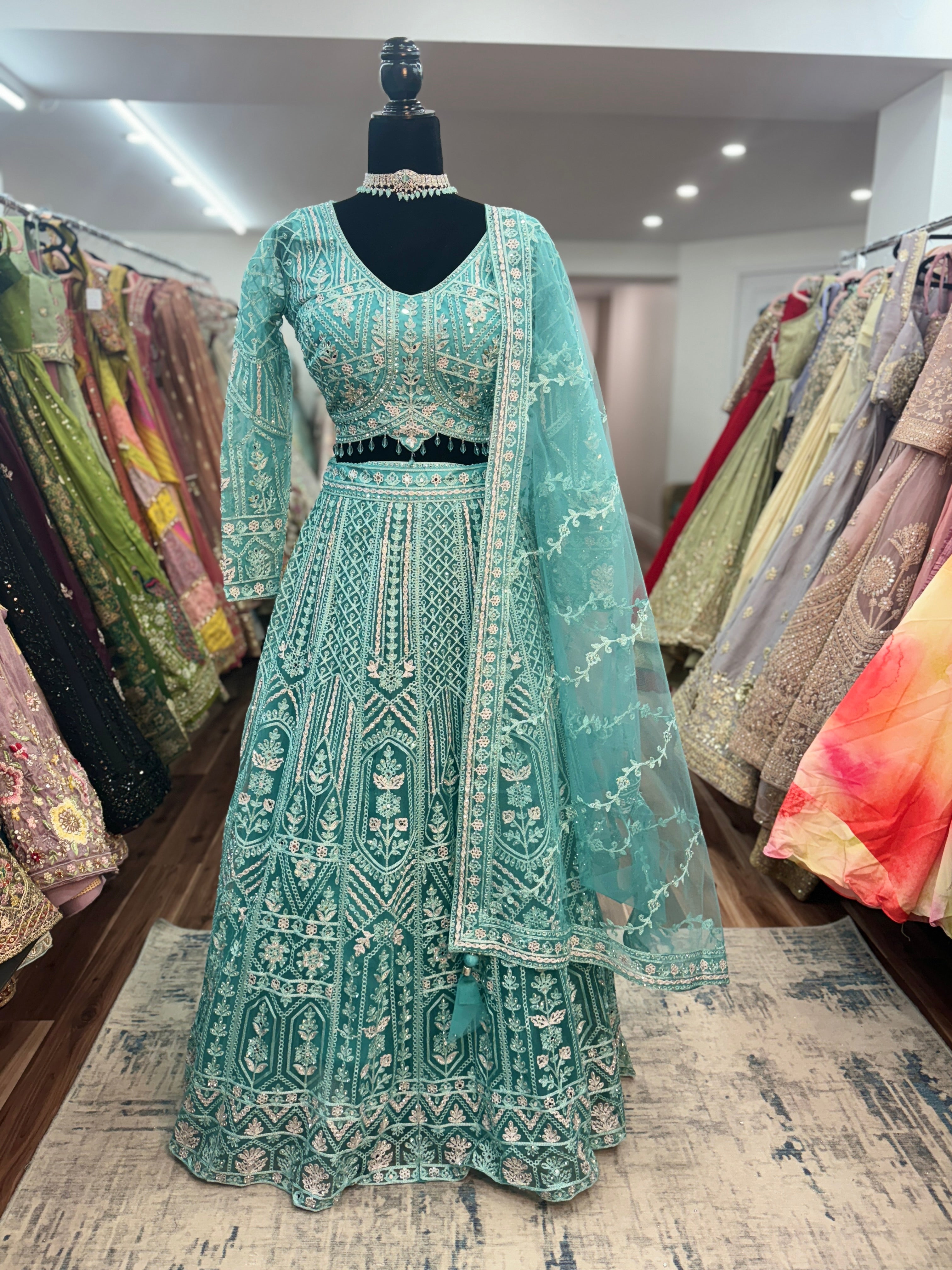 Teal mirror work lehenga
