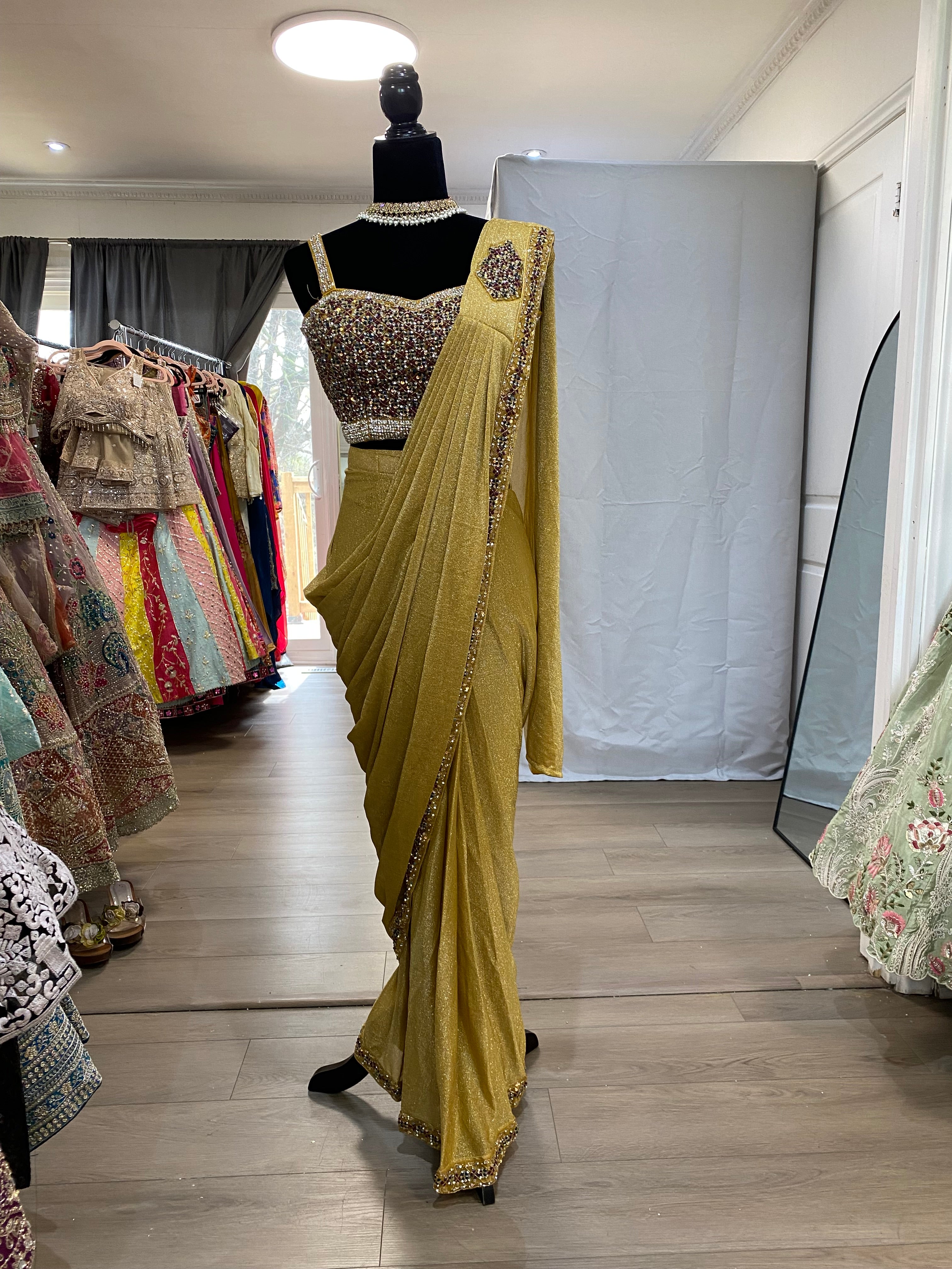 Hand work top with pre drape saree