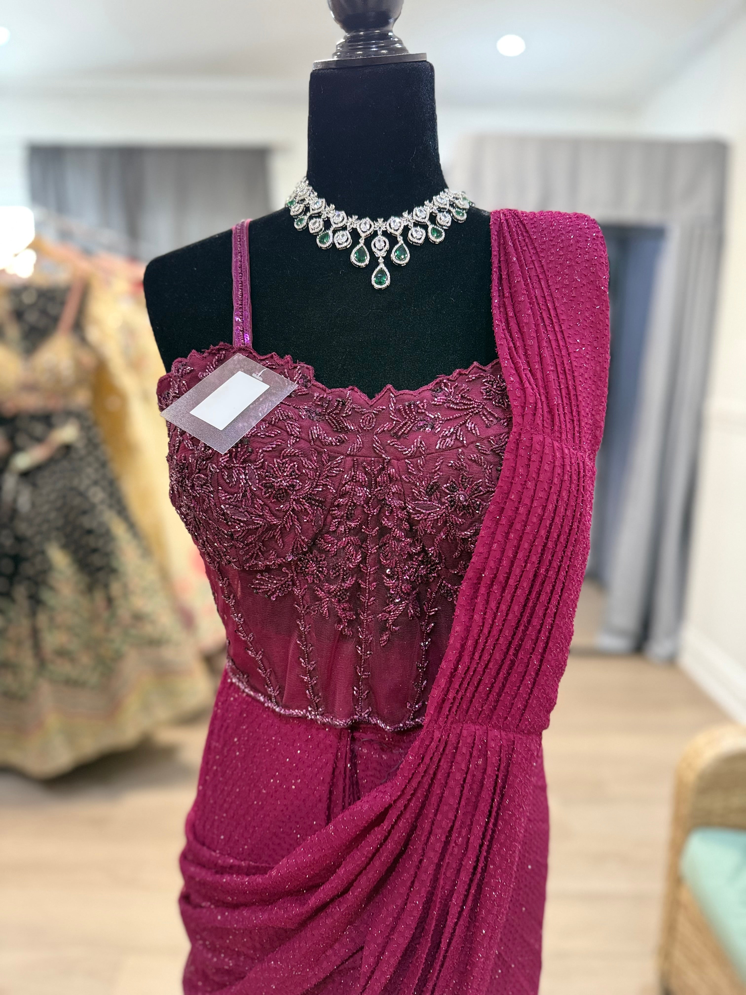 Hand work corset top with pre drape saree