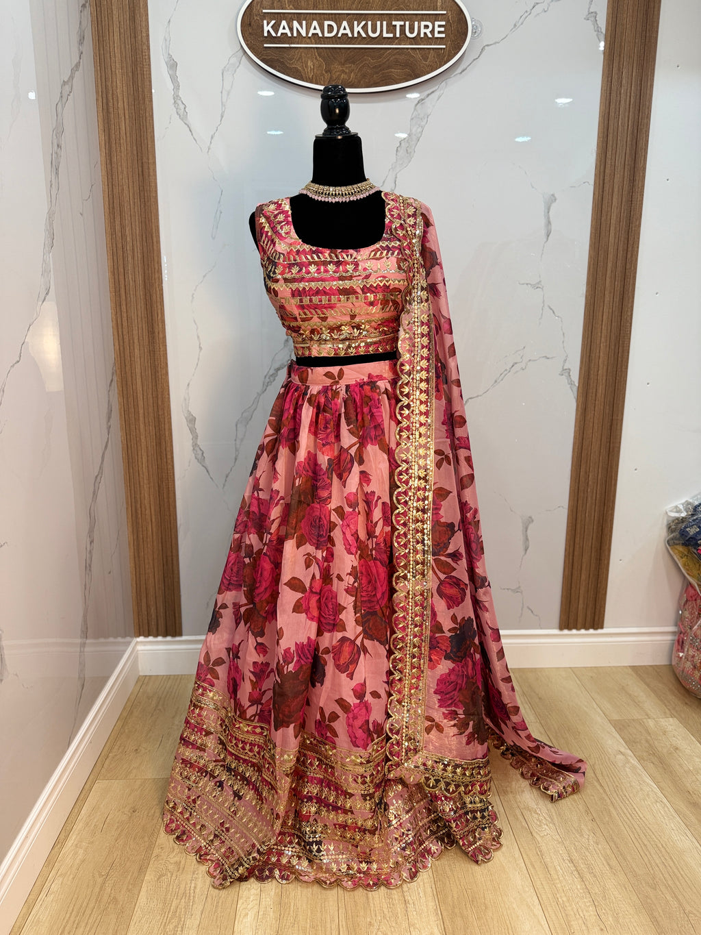 Adorable Pink Floral Printed Organza Bridesmaid Lehenga Choli