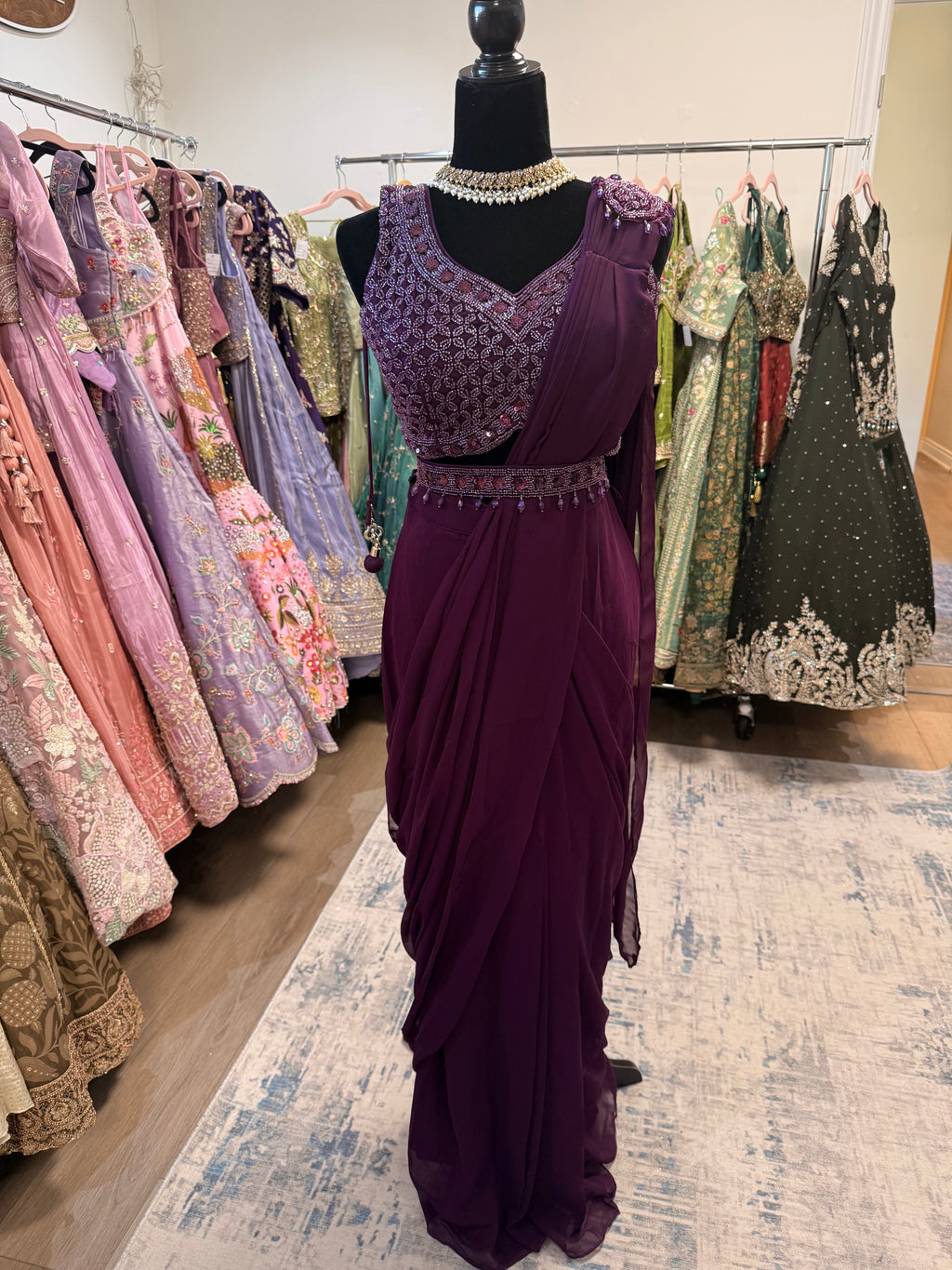 Hand work top with pre drape saree