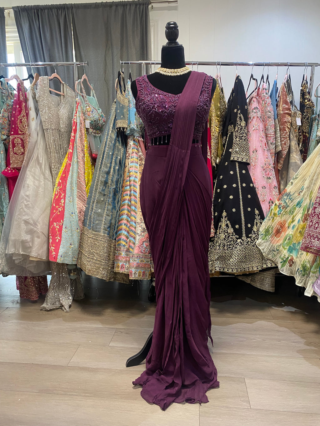 Dark plum Pre drape saree