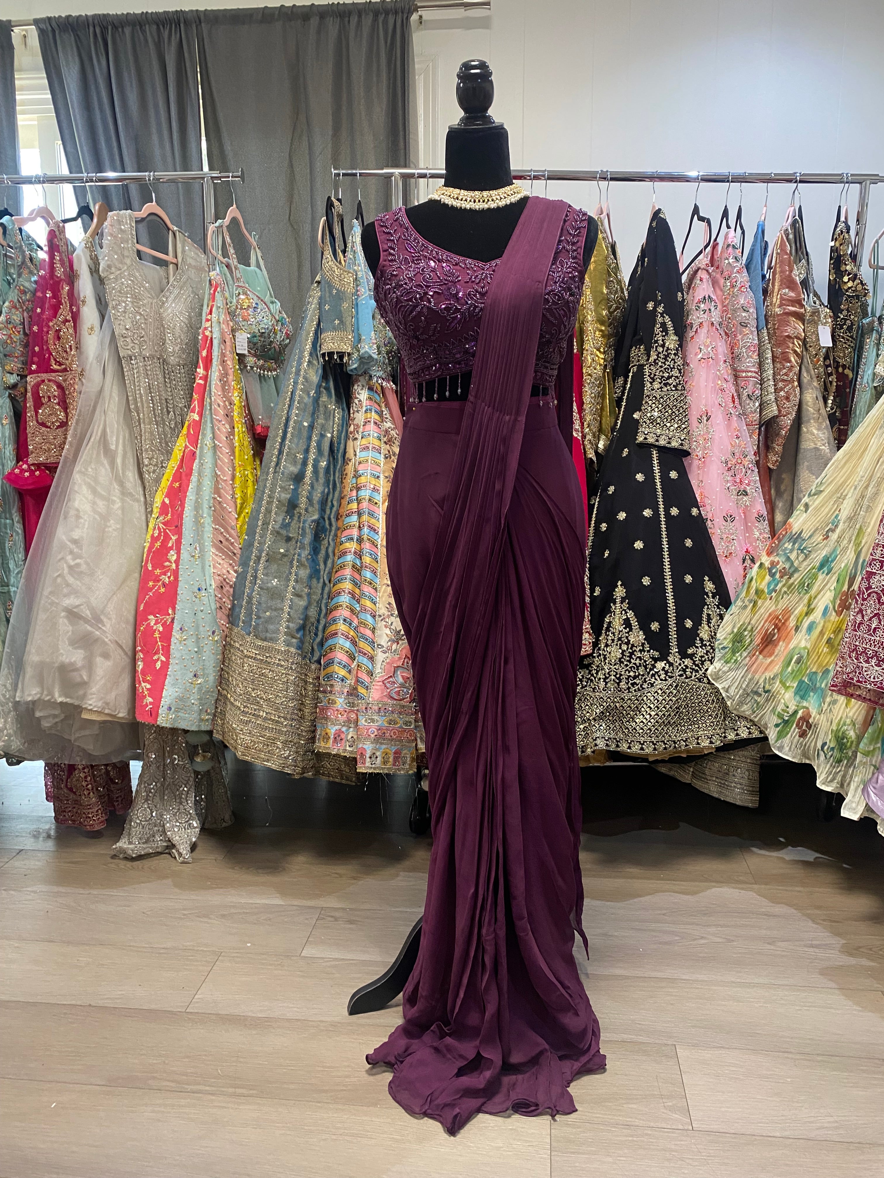 Dark plum Pre drape saree