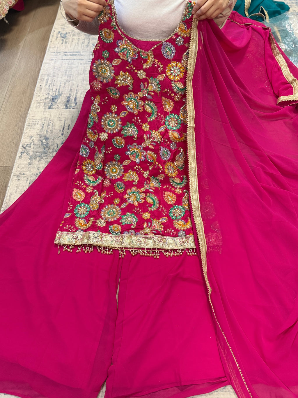 Hot pink Embroidered palazoo suit – Kanada Kulture