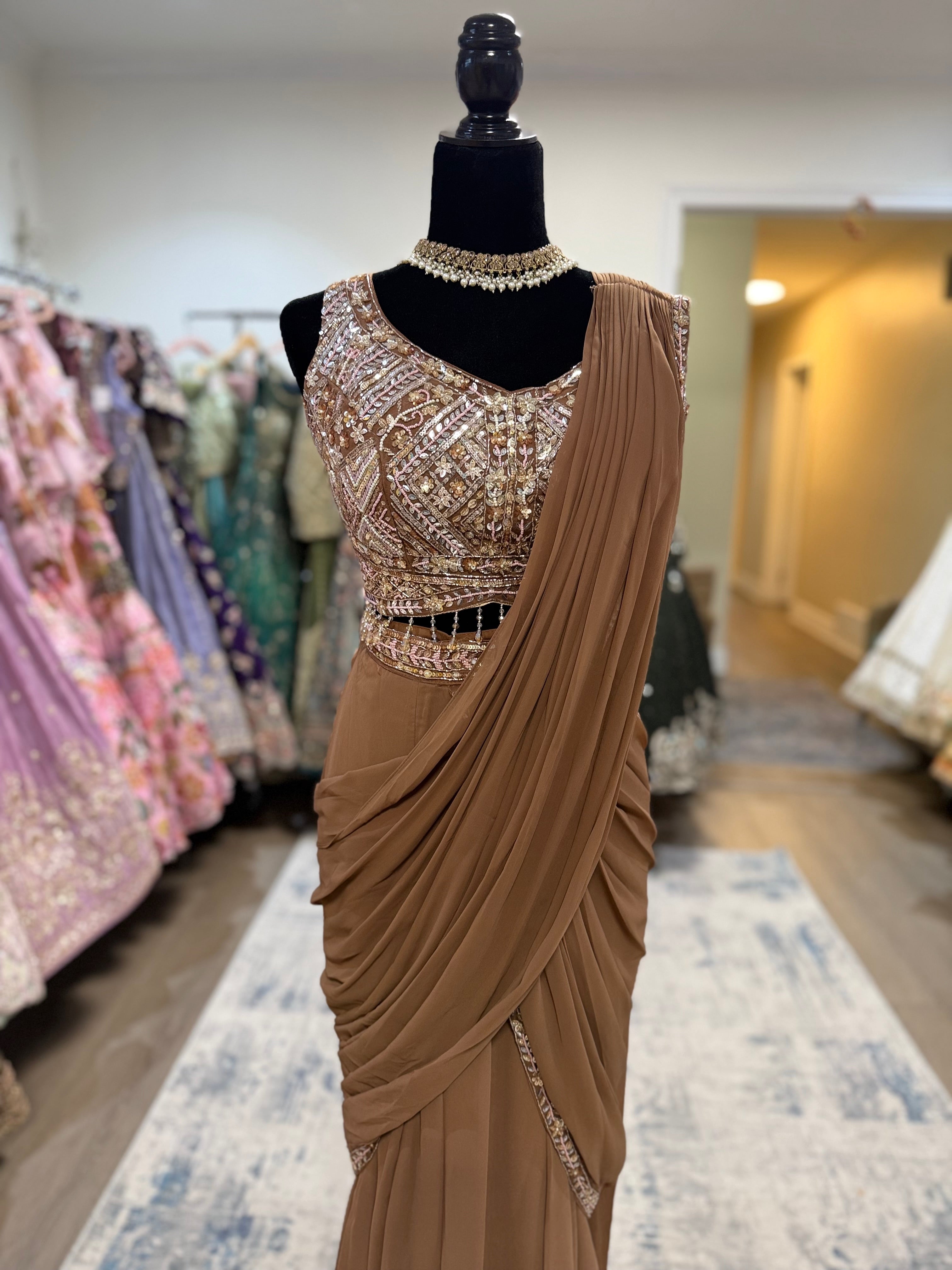 Hand work top with pre drape saree