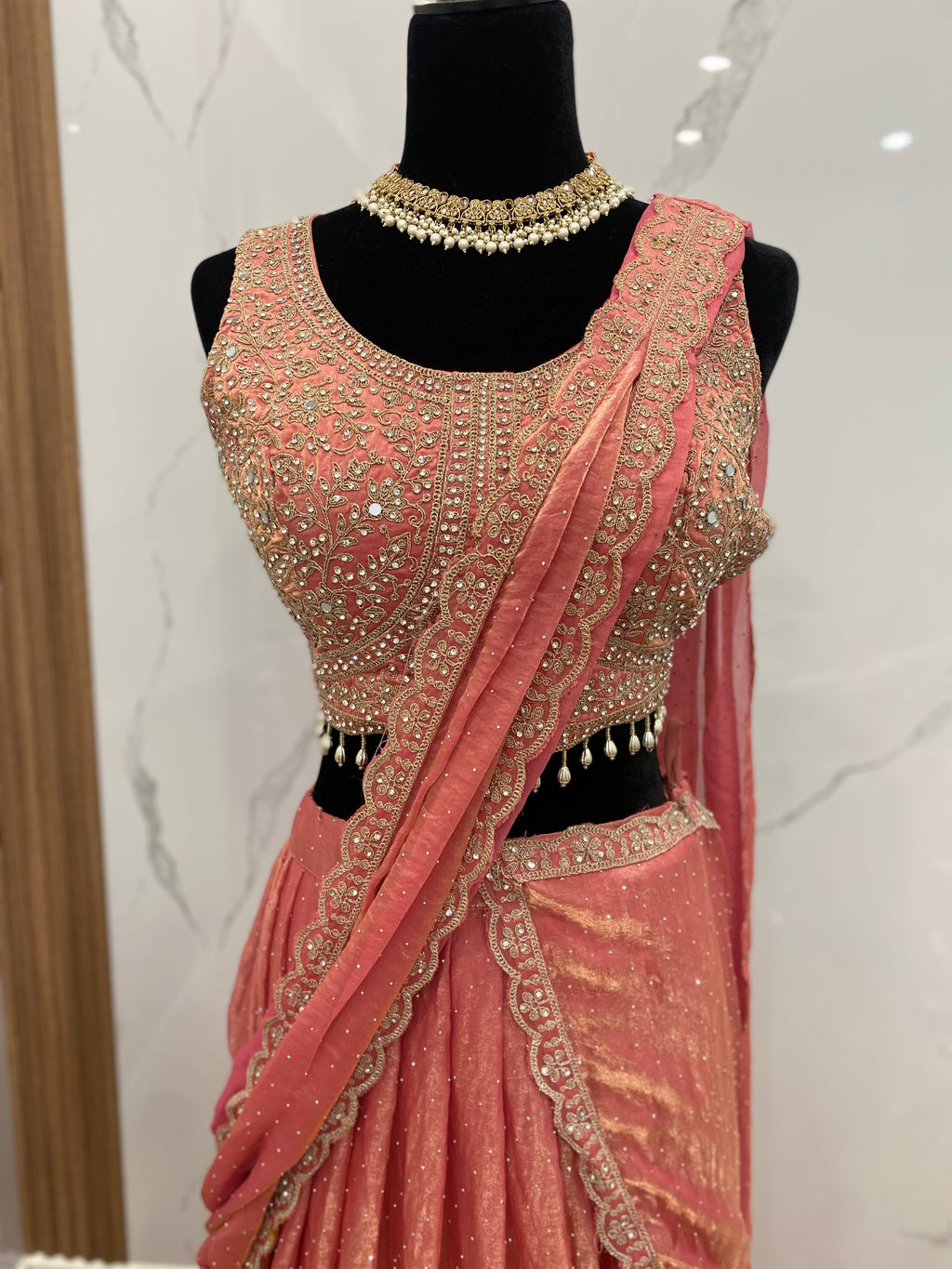 Bridesmaids Hand work top with pre drape lehenga