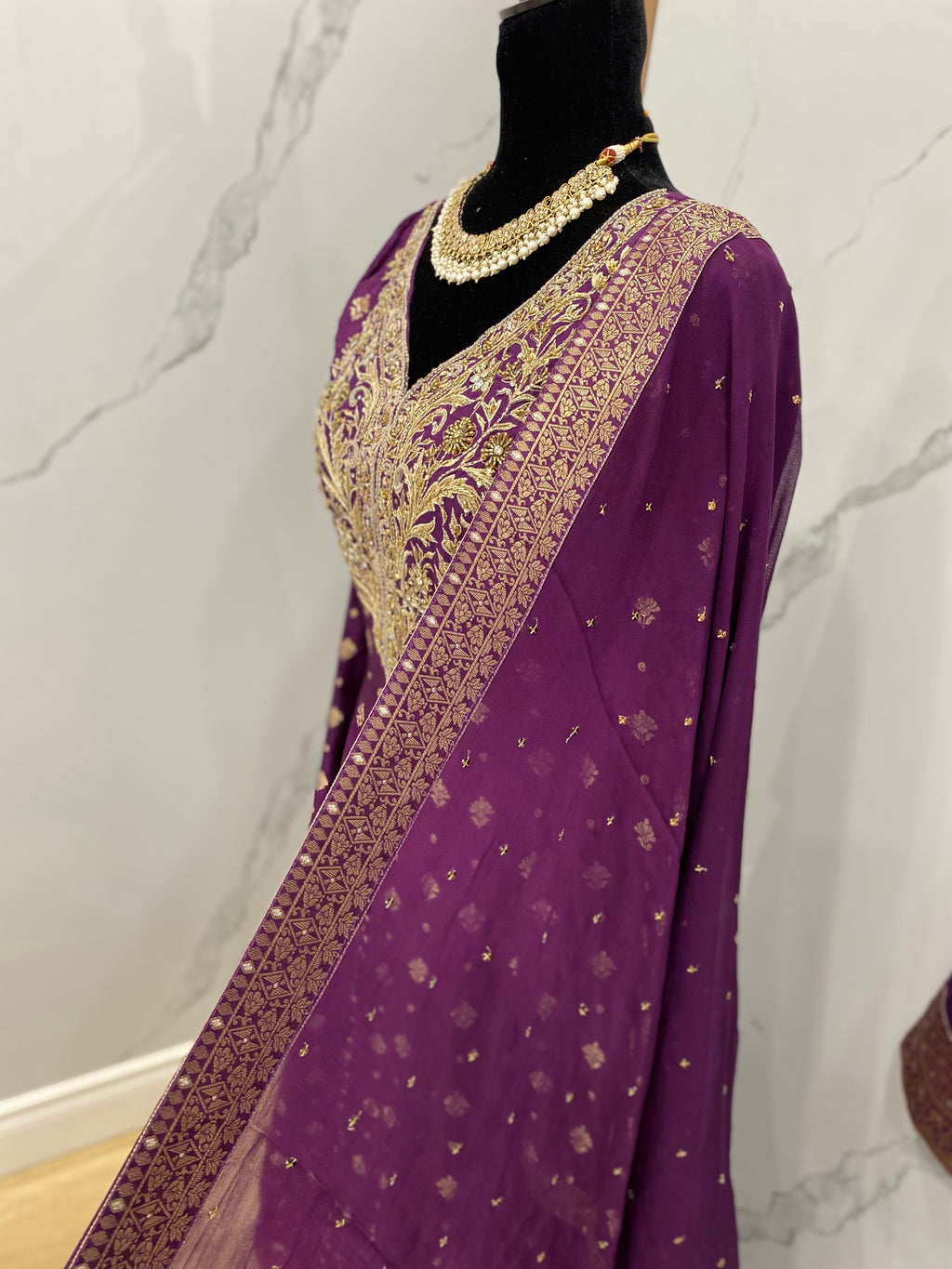 Designer front slit embroidered silk suit