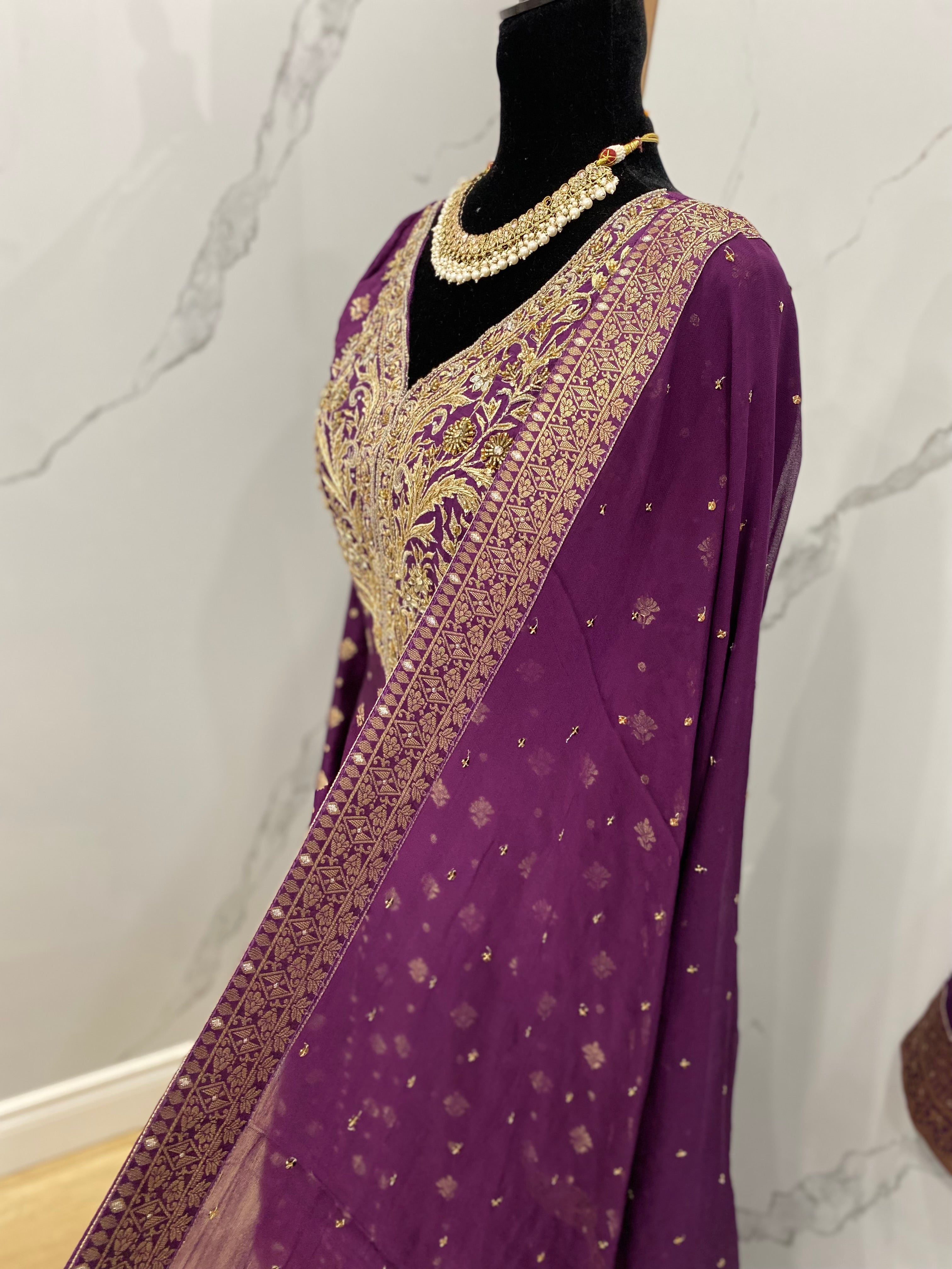 Designer front slit embroidered silk suit