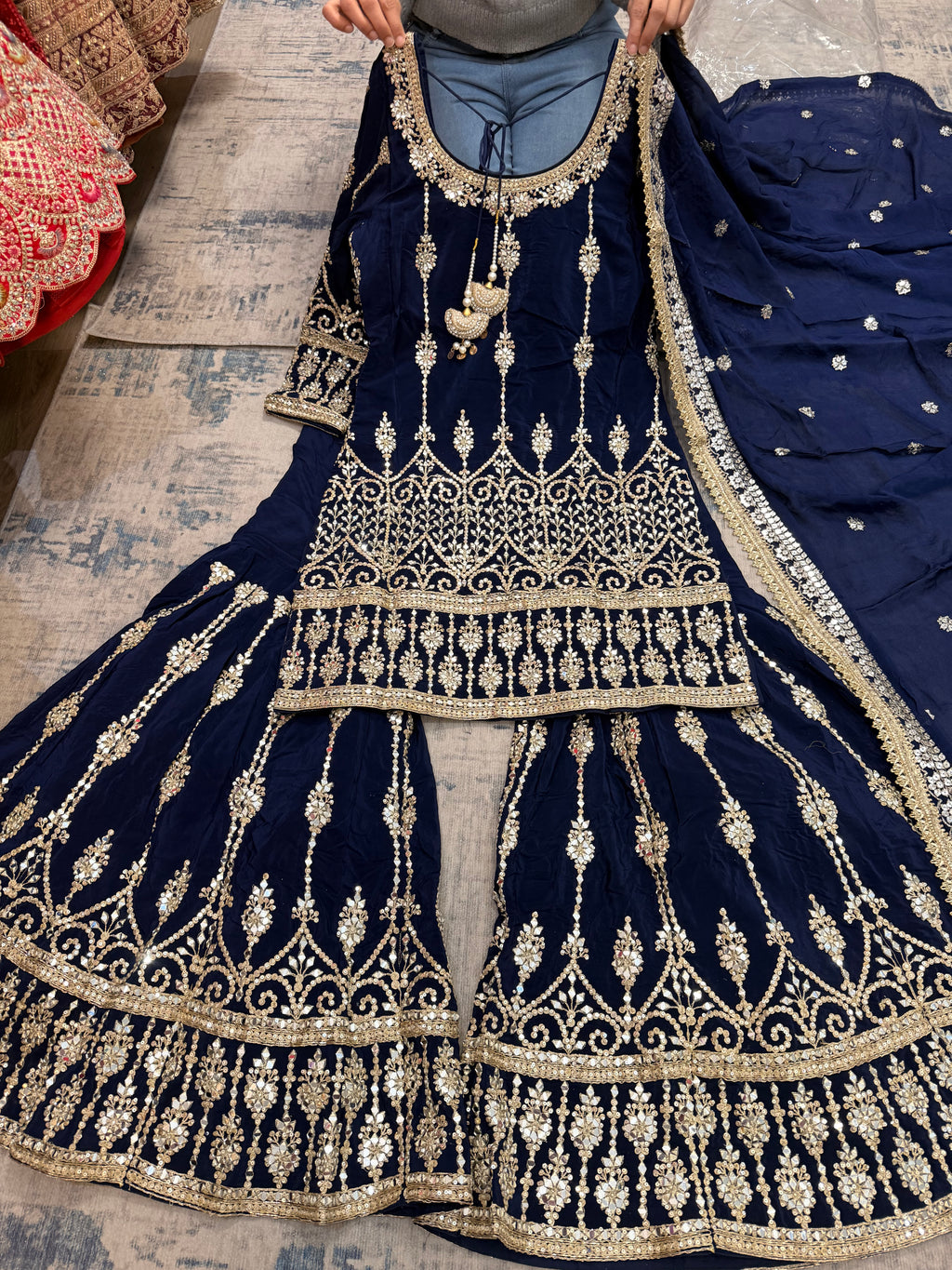 Real mirror work Embroidered suit – Kanada Kulture