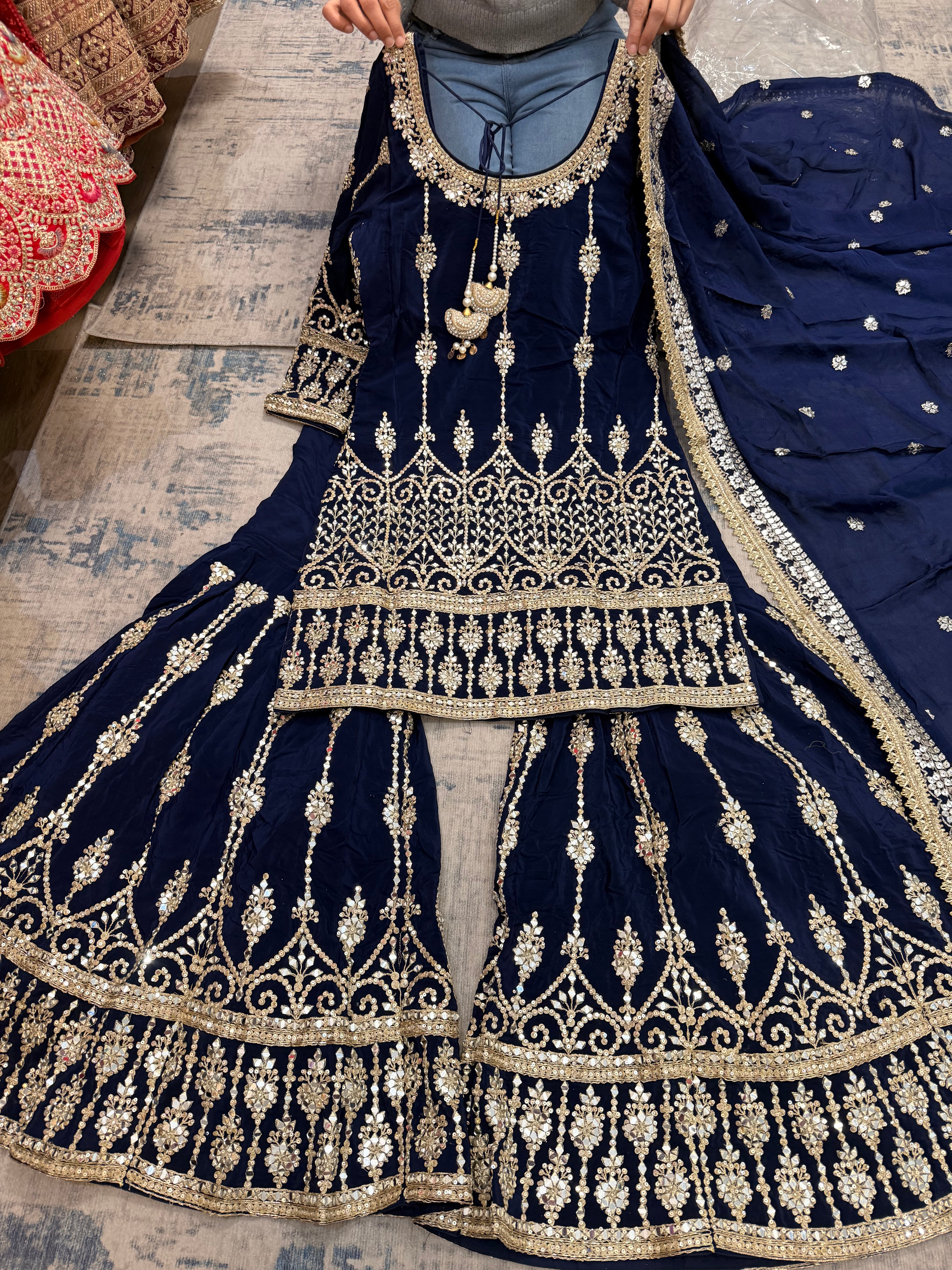 Real mirror work Embroidered suit – Kanada Kulture