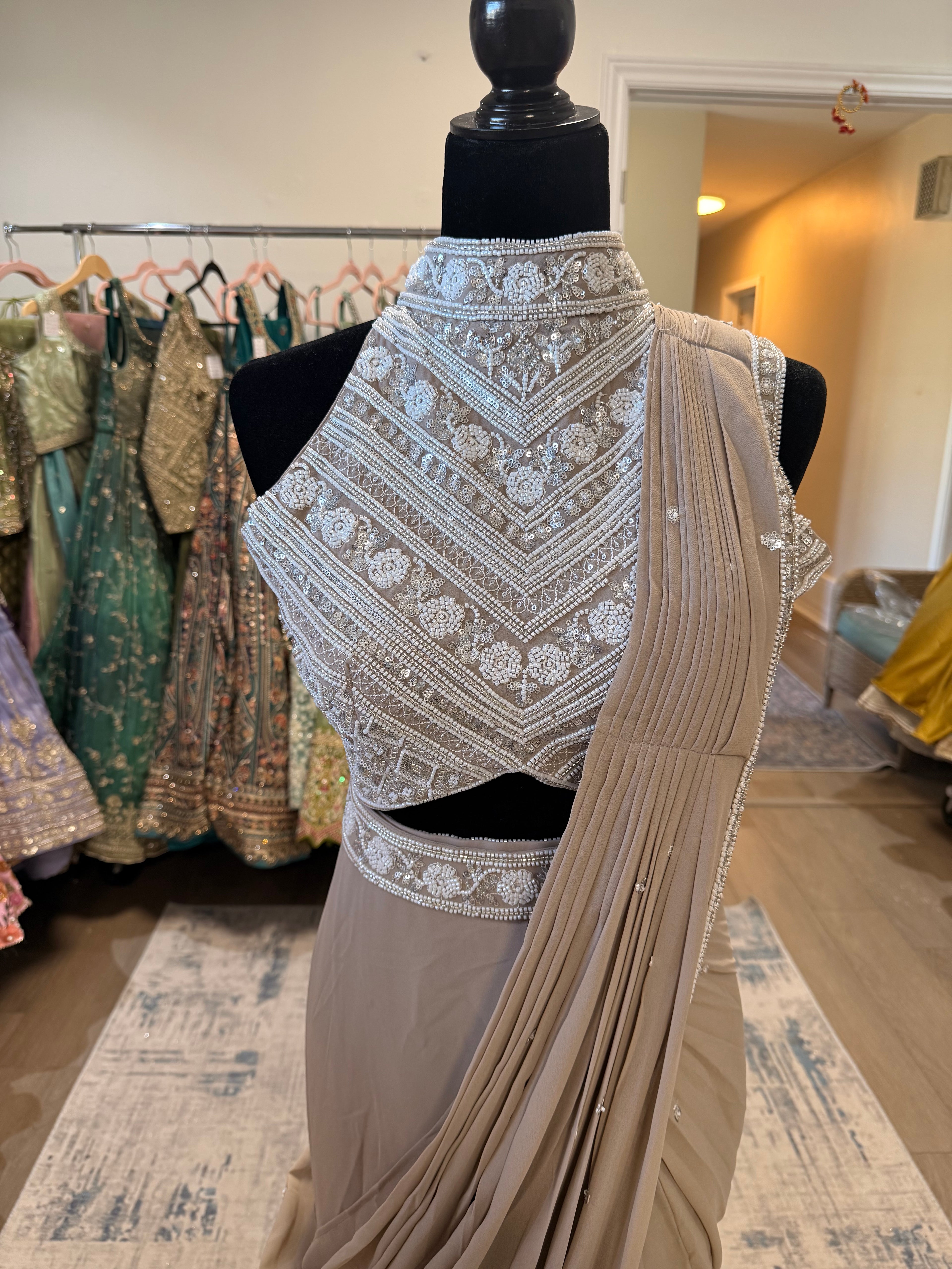 Hand work top with pre drape saree