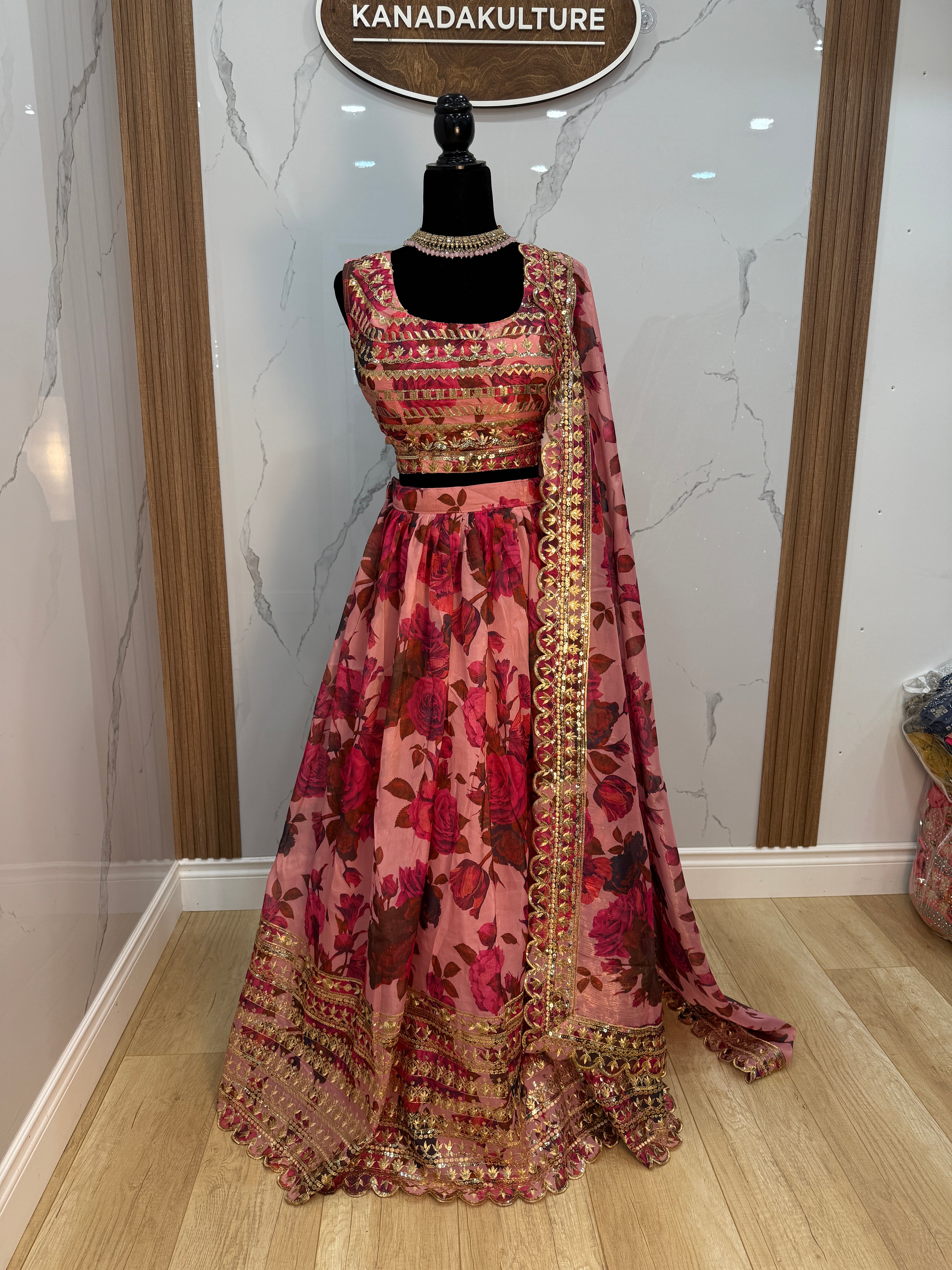 Adorable Pink Floral Printed Organza Bridesmaid Lehenga Choli