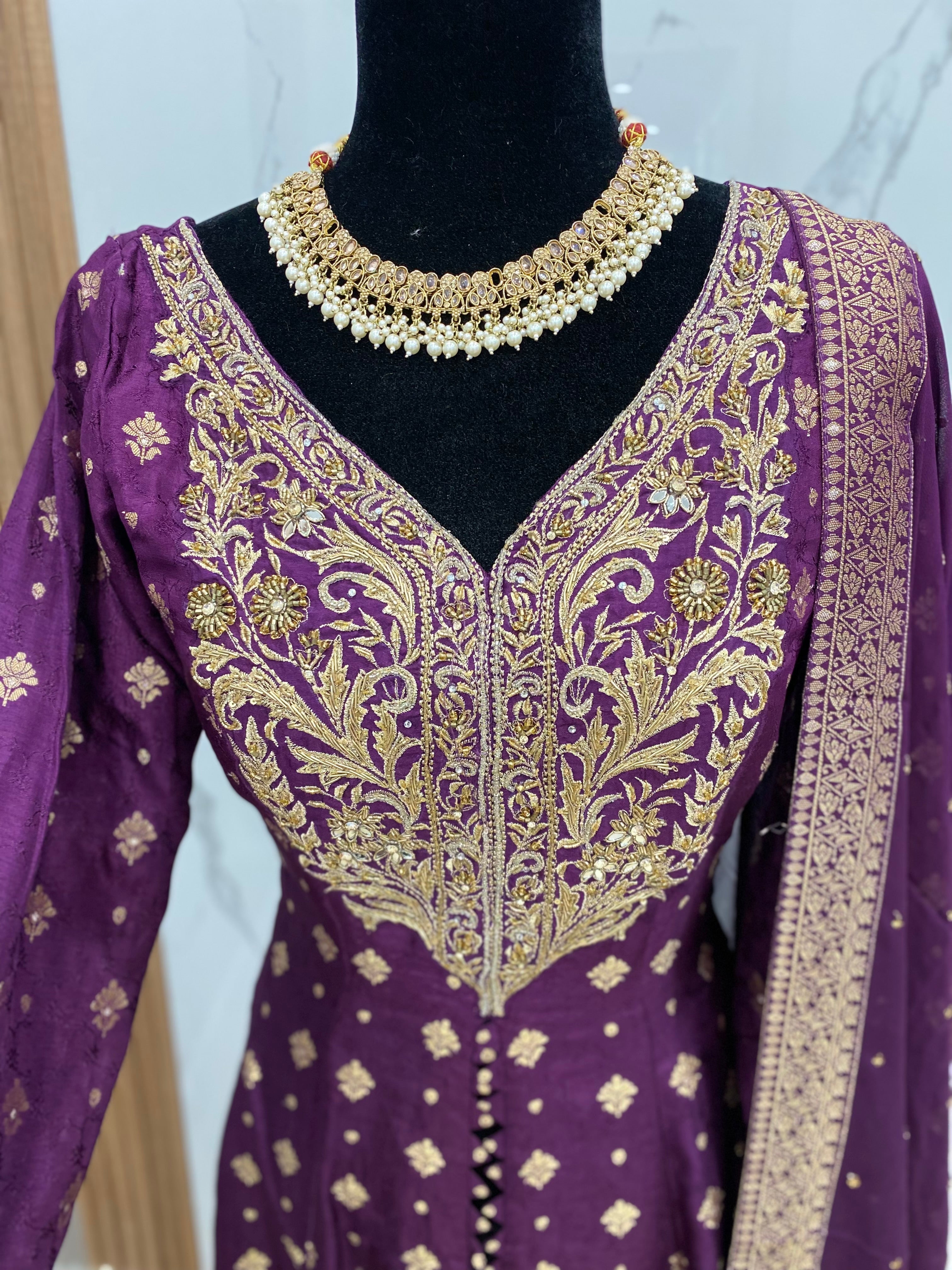 Designer front slit embroidered silk suit