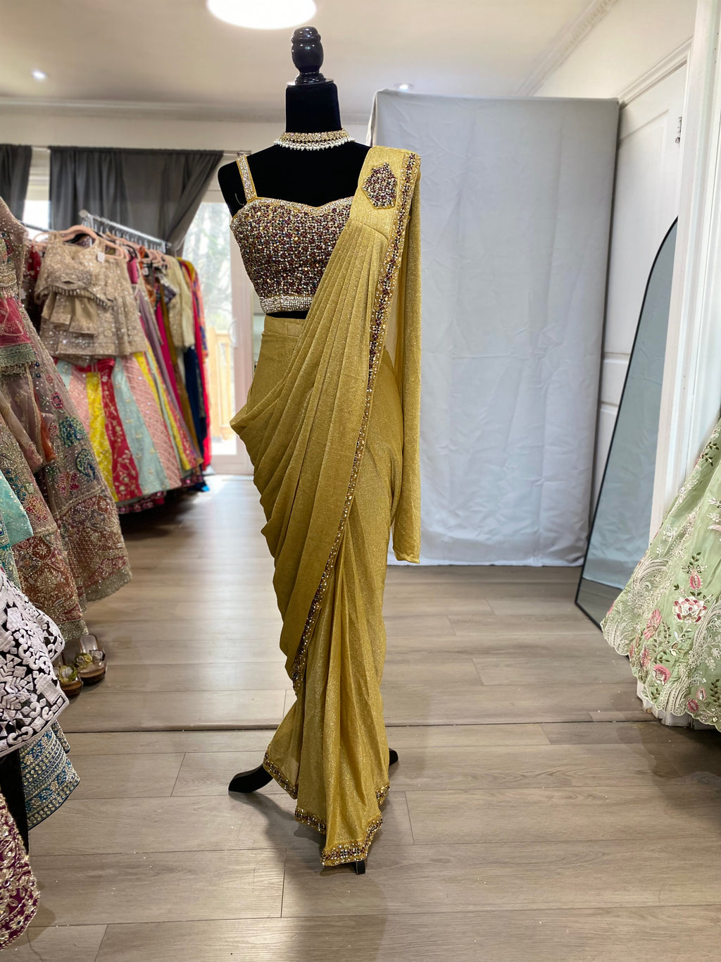 Hand work top with pre drape saree