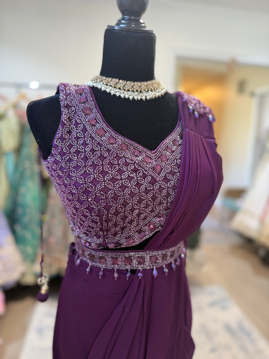 Hand work top with pre drape saree