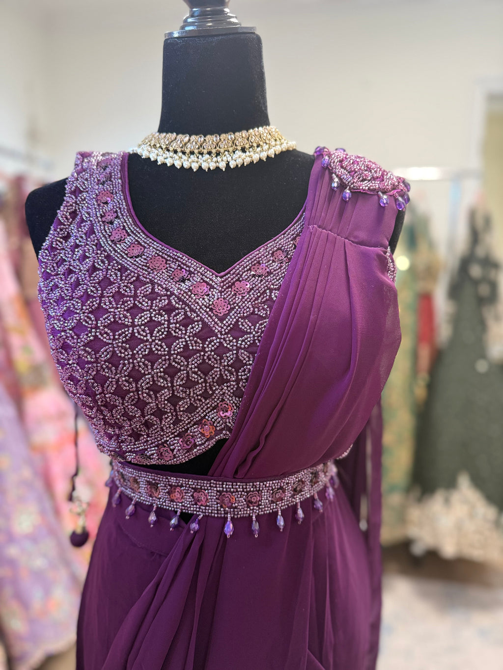 Hand work top with pre drape saree