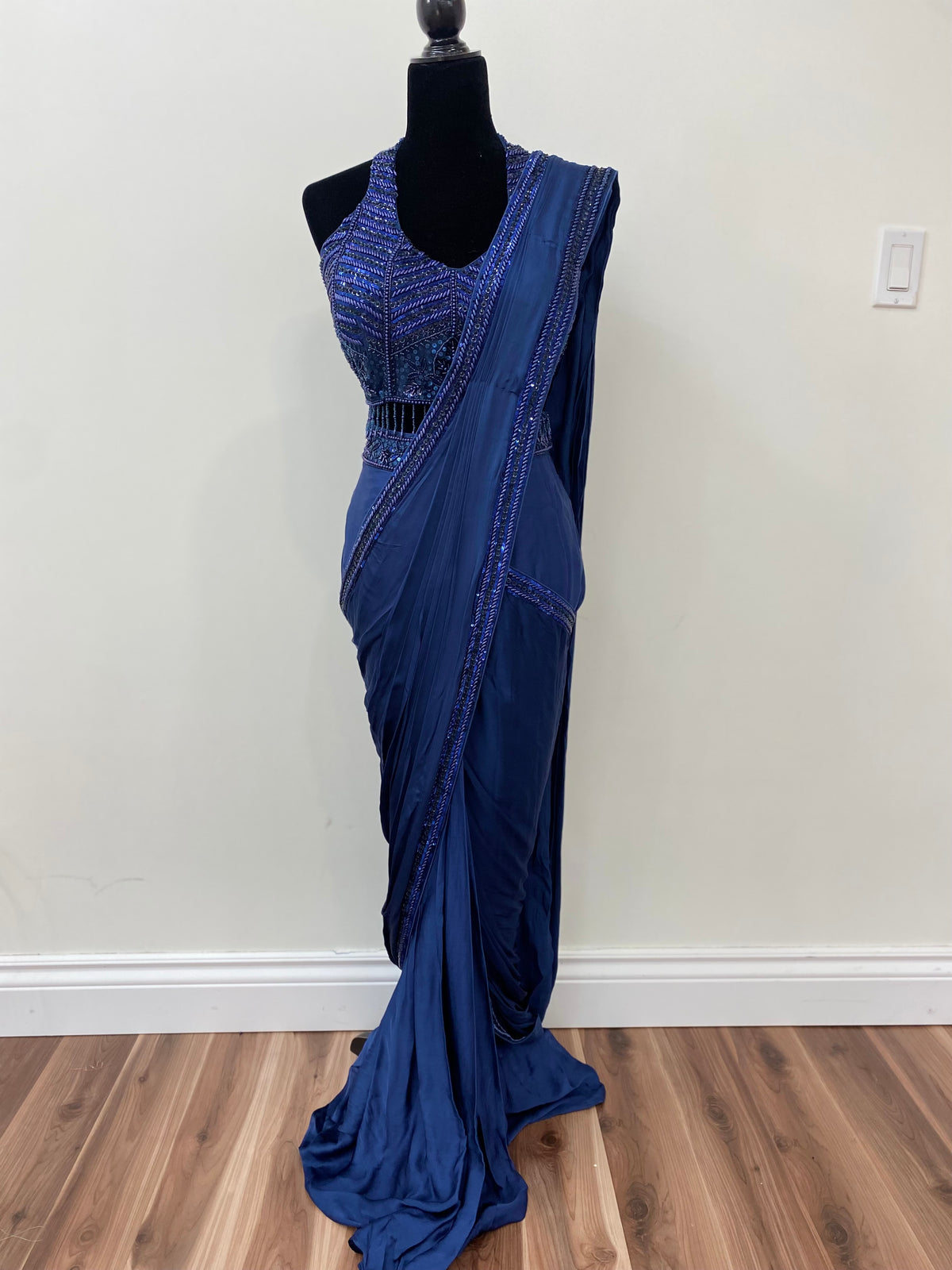 Halter neck top with pre drape saree