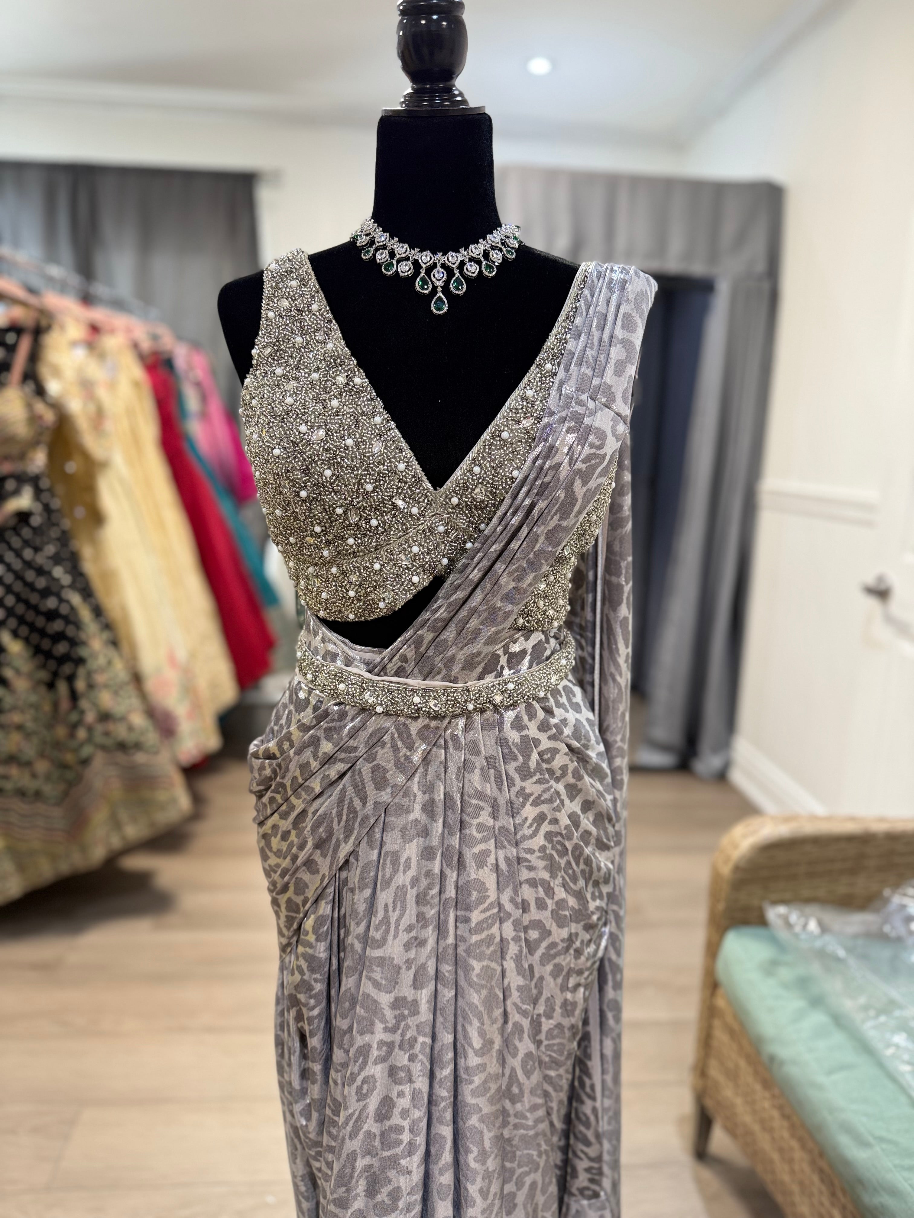 Hand work top with pre drape saree