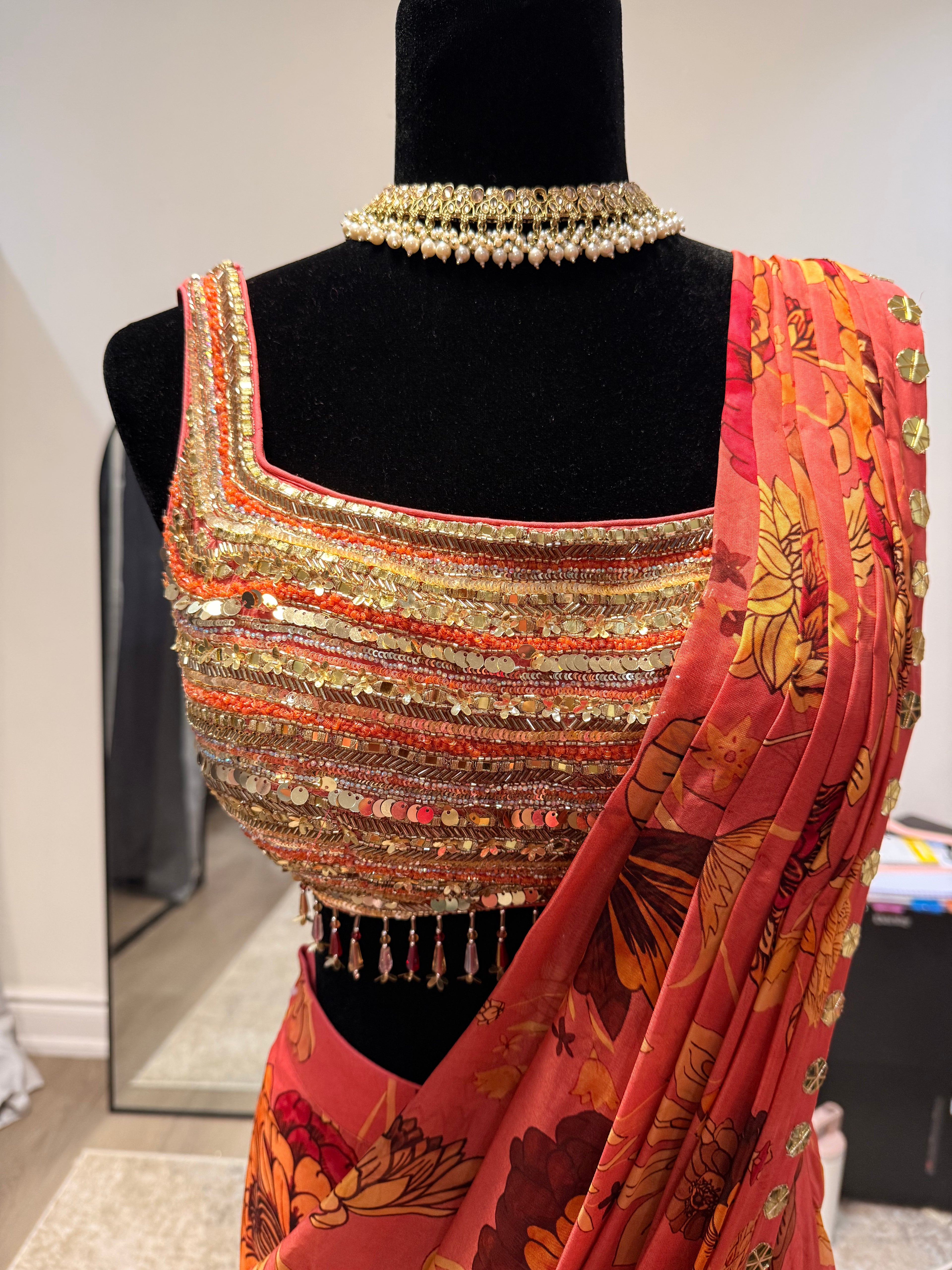 Hand work top with pre drape saree
