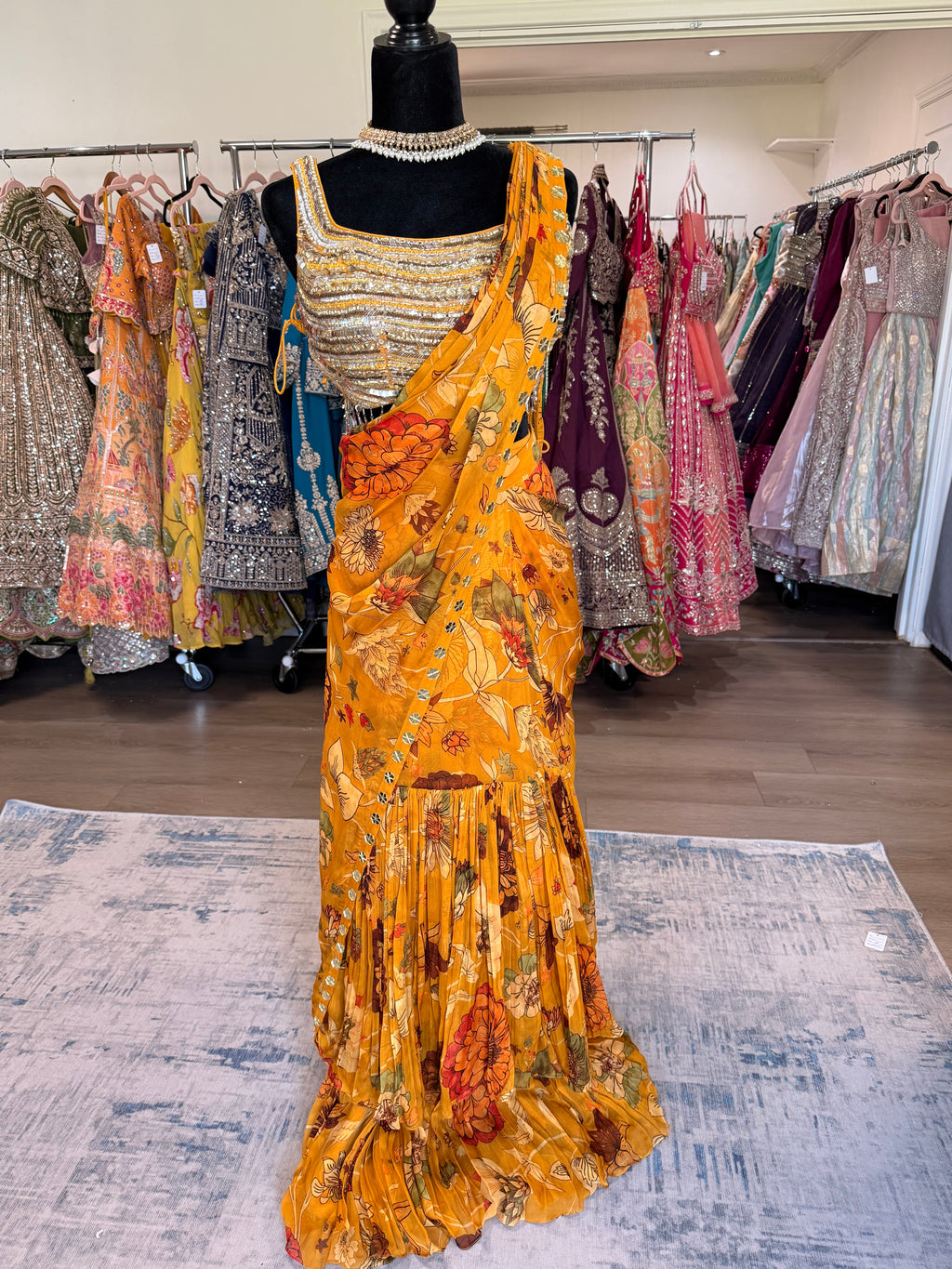 Hand work top with pre drape saree