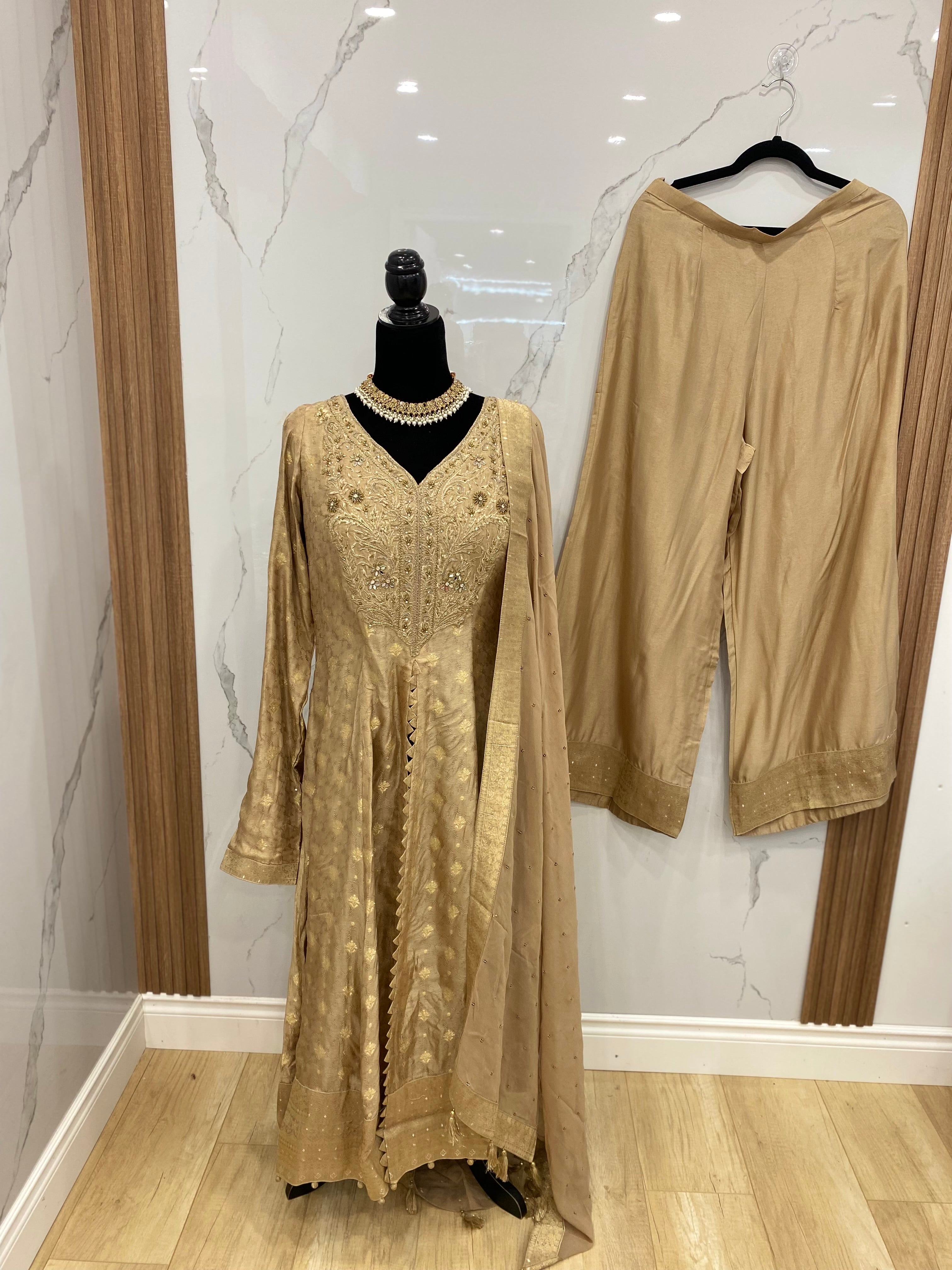 Designer front slit embroidered silk suit