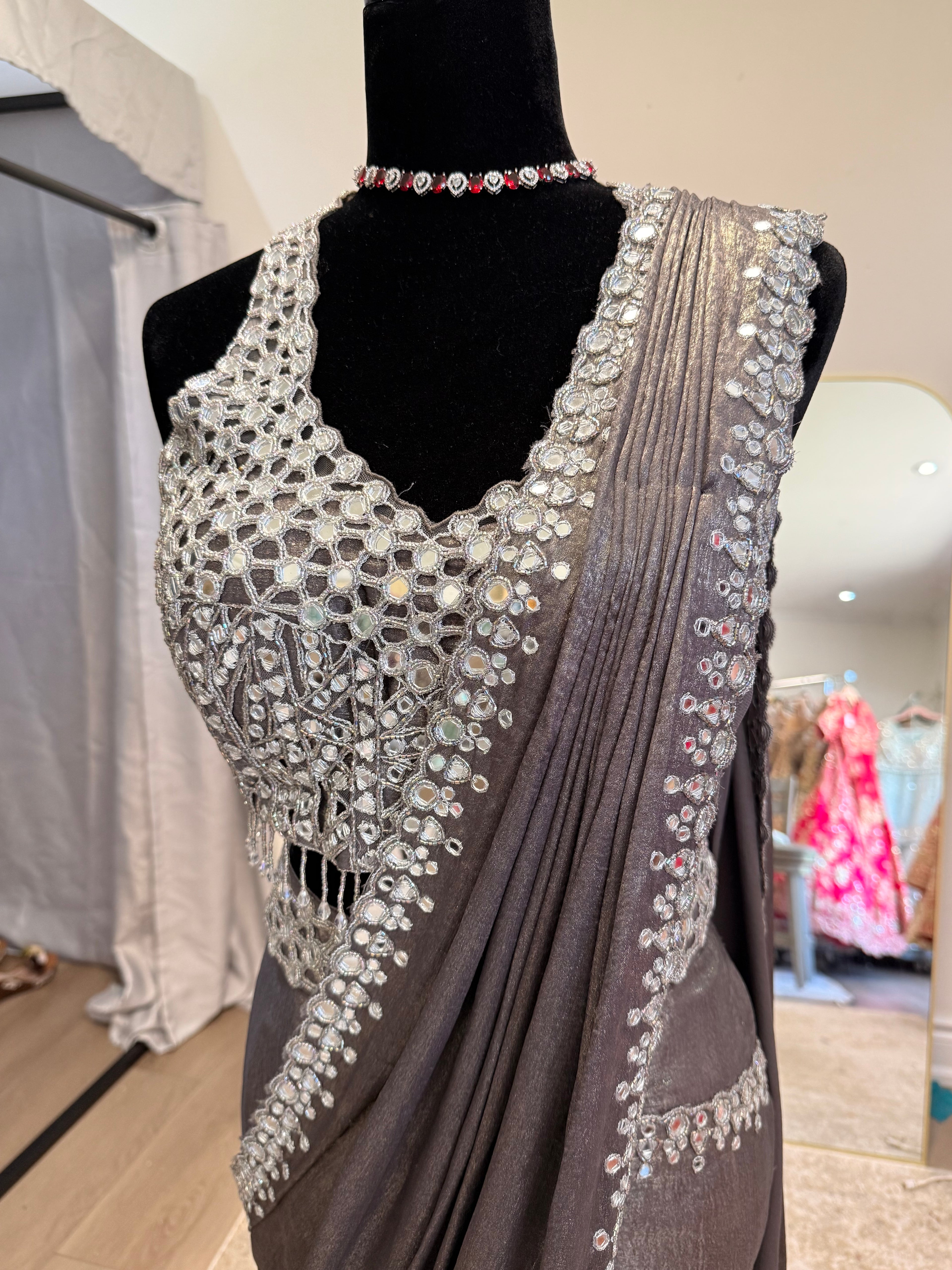 Hand work top with pre drape saree