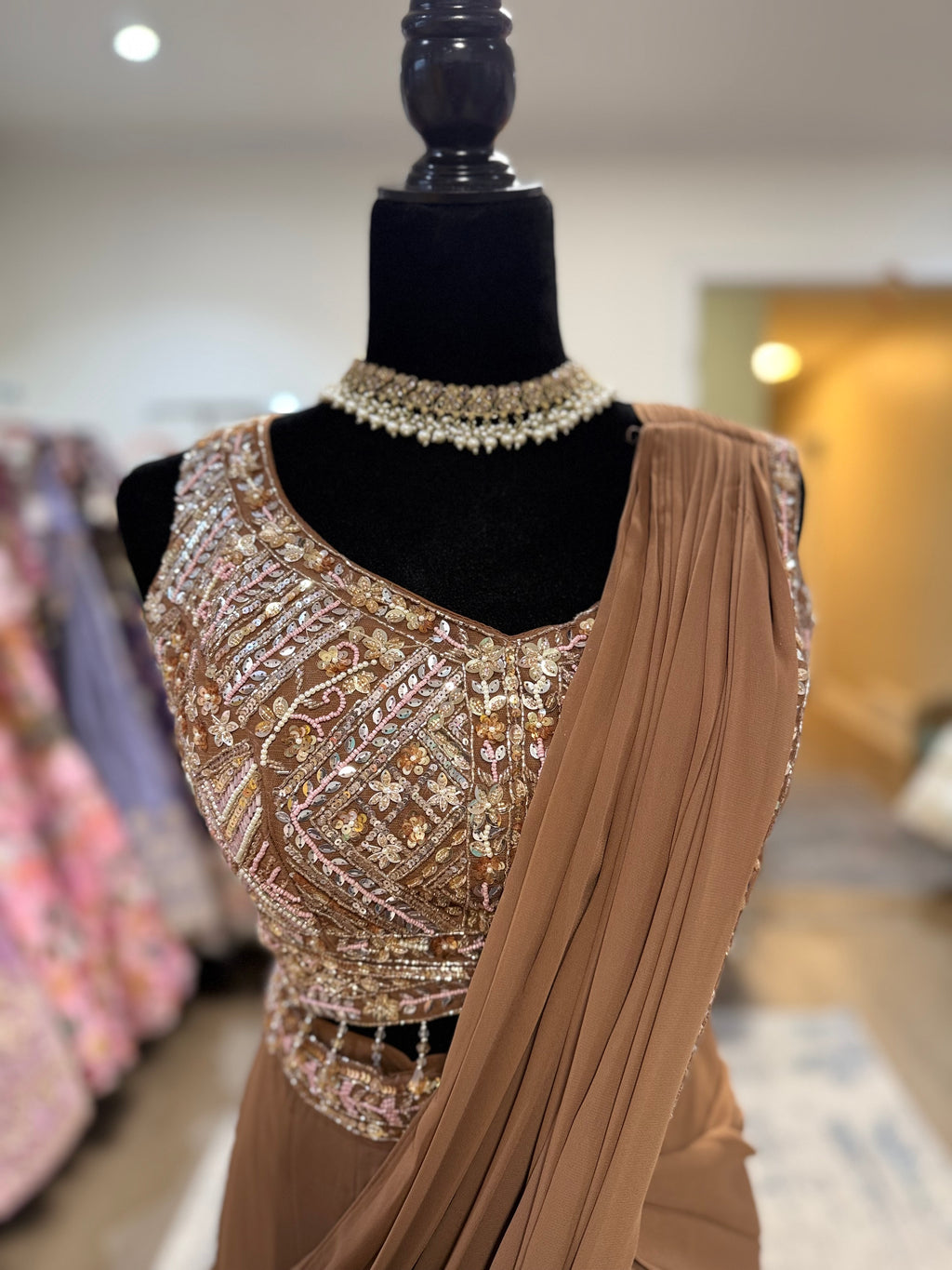 Hand work top with pre drape saree
