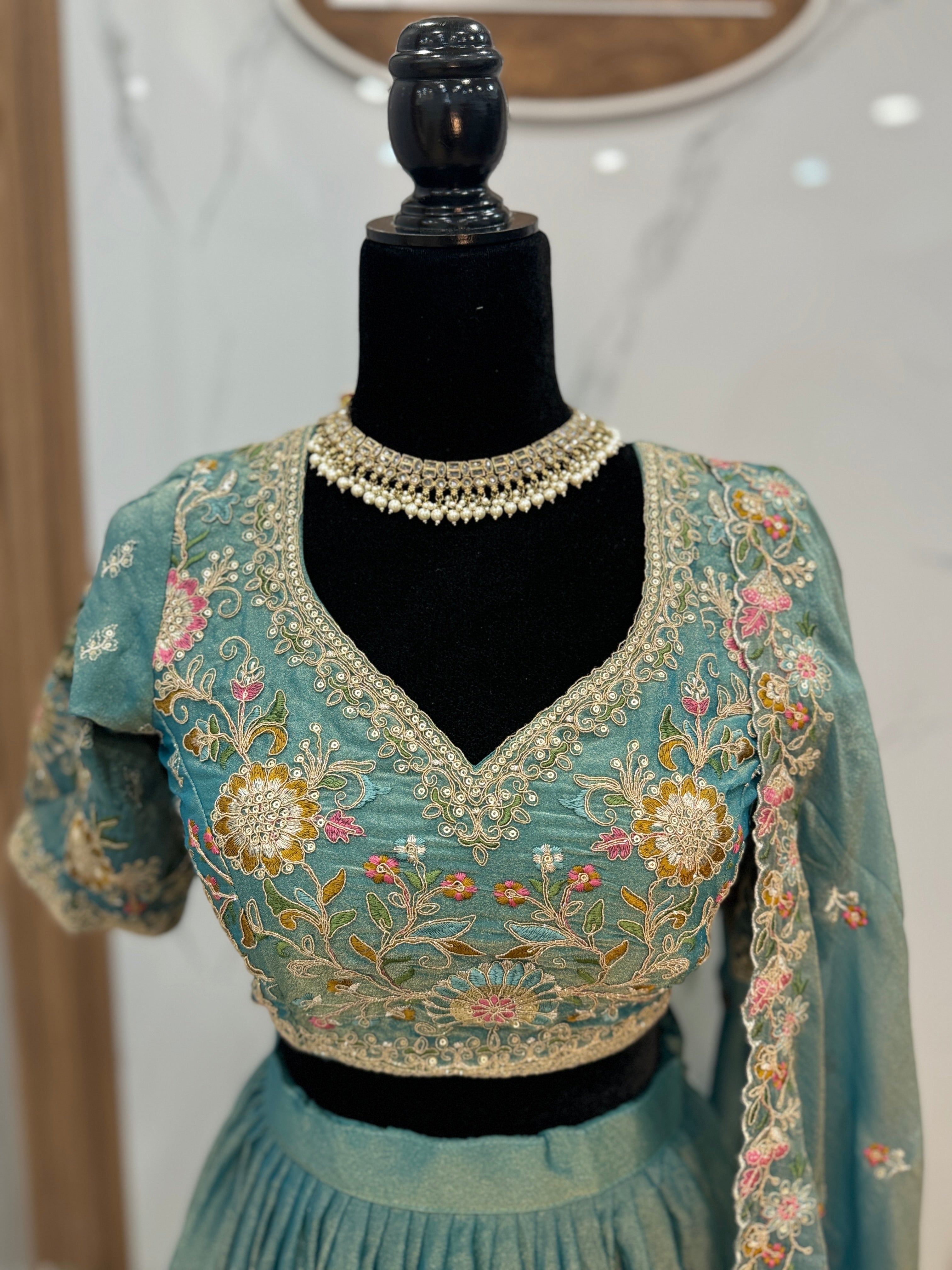 Beautiful Sky Blue Organza Zari Weaving Engagement Wear Lehenga Choli