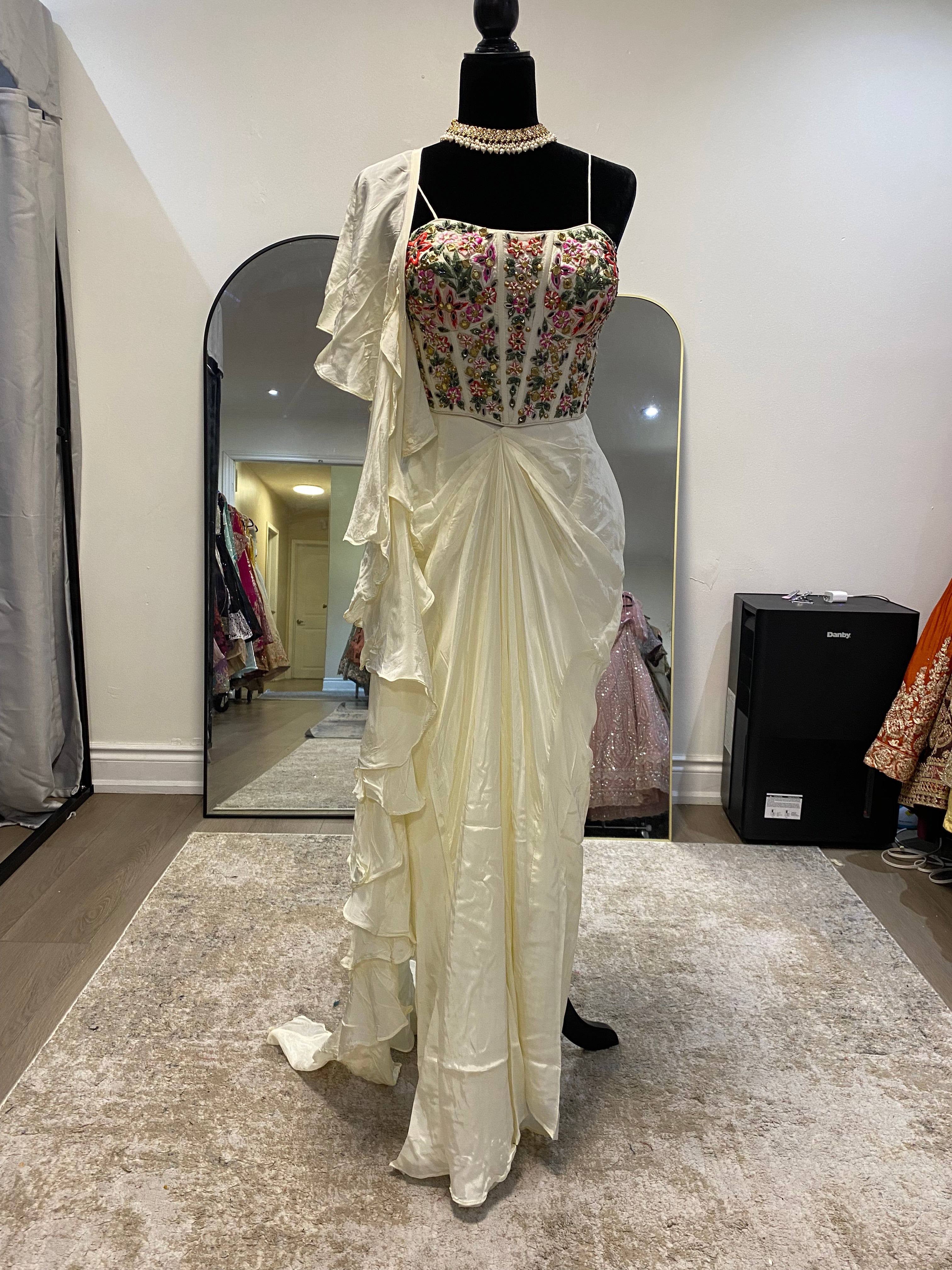 Hand work corset top with pleated skirt and ruffle dhupatta