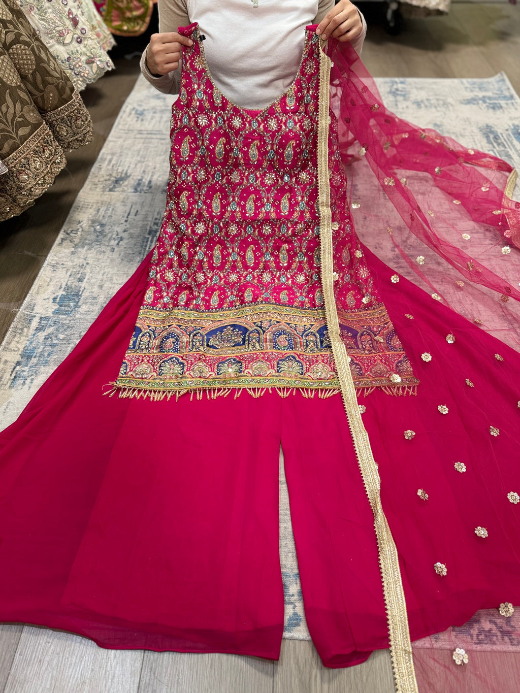 Hot pink Embroidered palazoo suit – Kanada Kulture