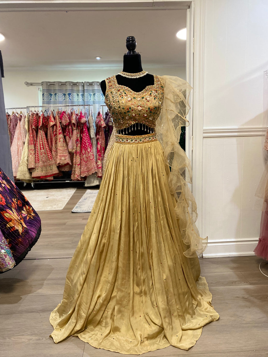 Heavy beaded work with plain lehenga ruffle dhupatta