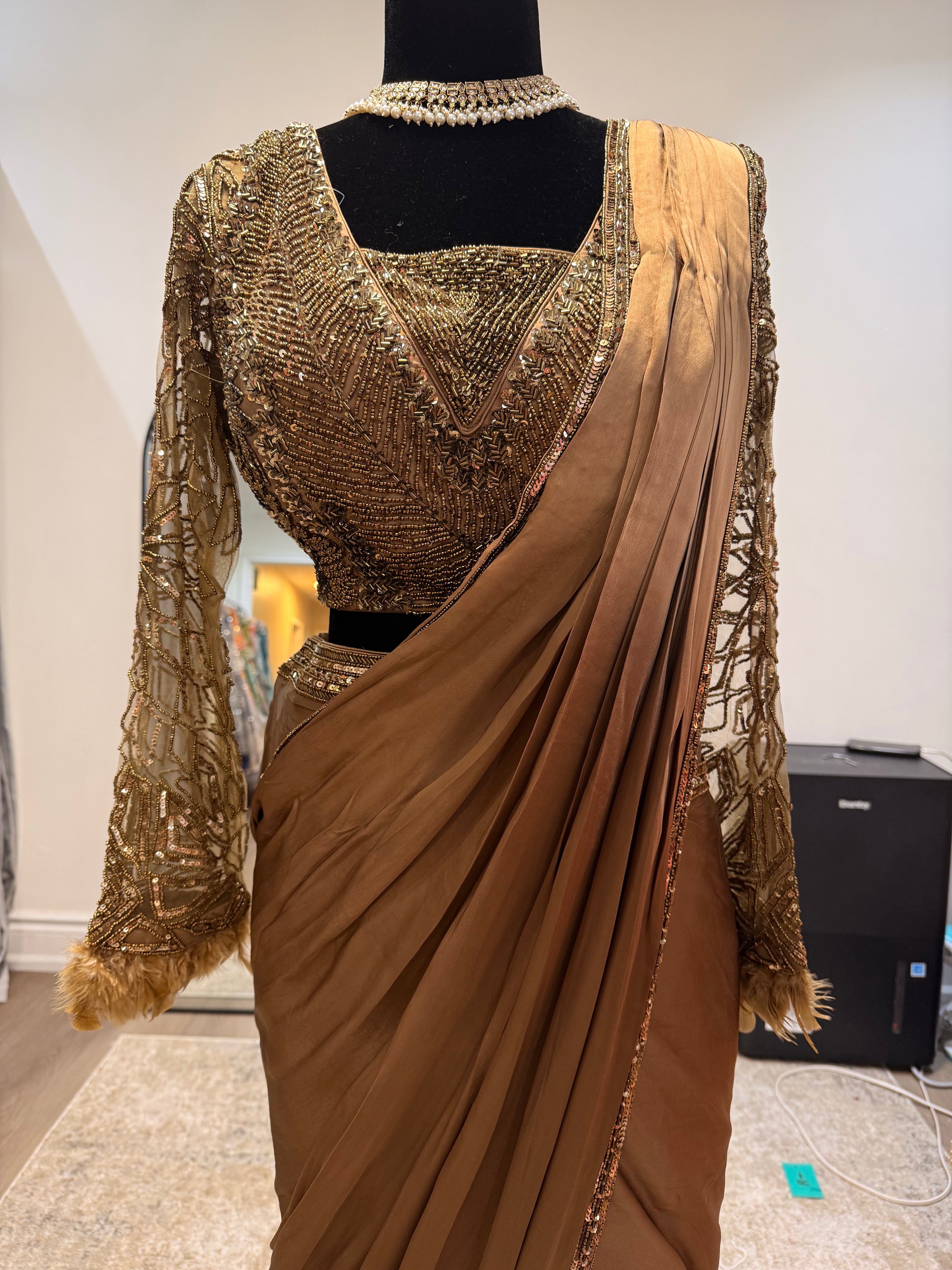 Hand work top with pre drape saree