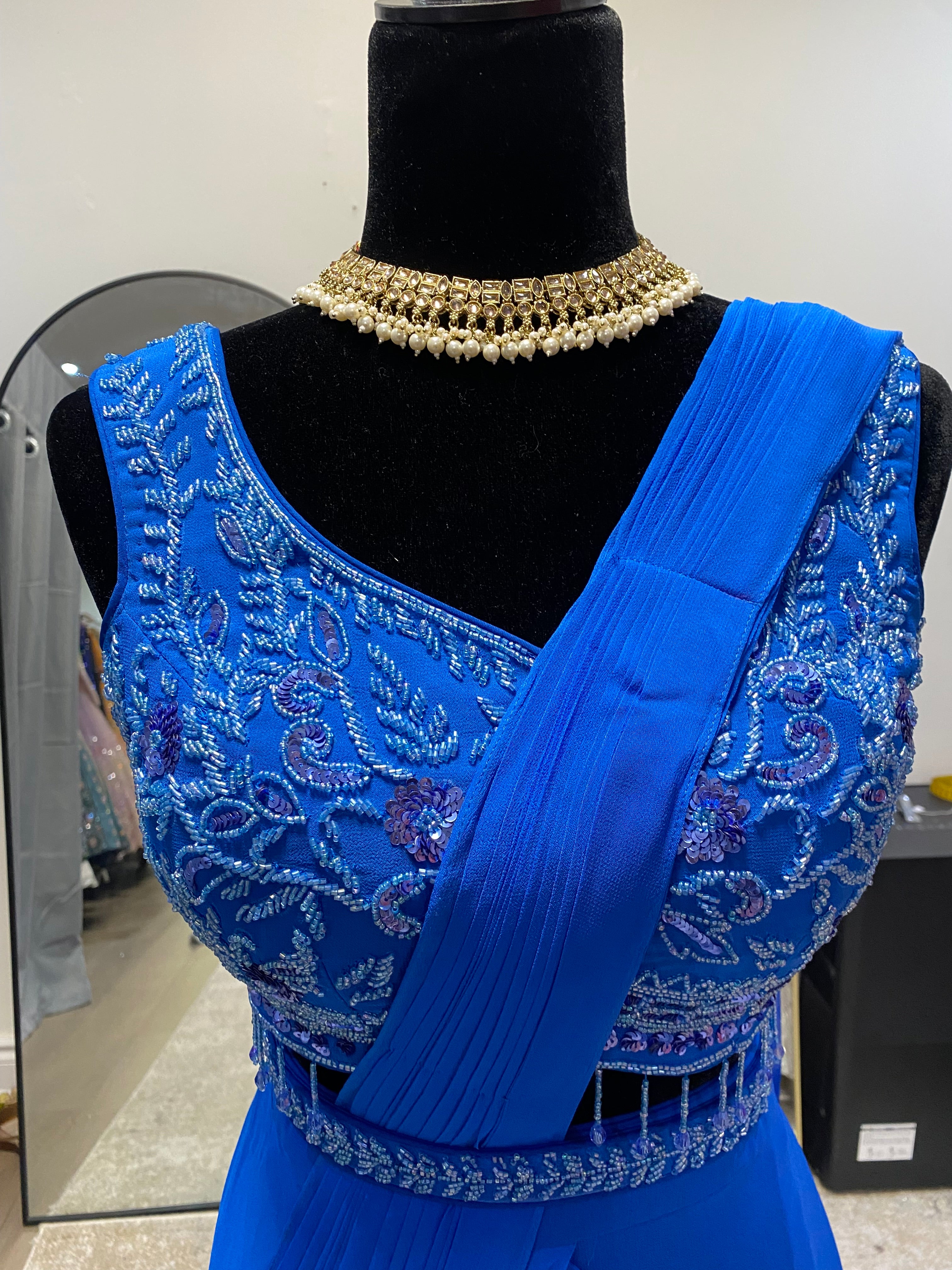 Royal blue Pre drape saree