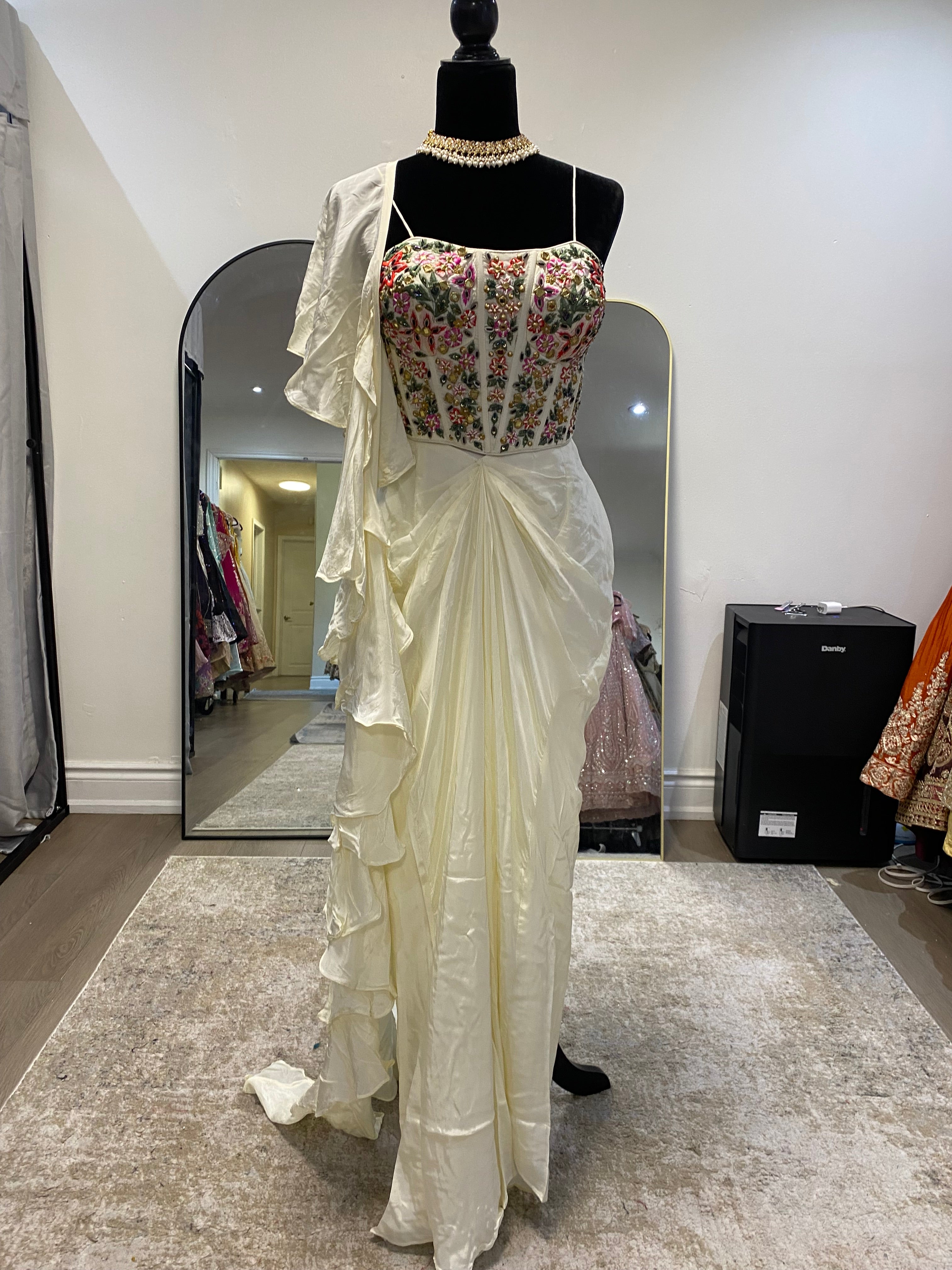 Hand work corset top with pleated skirt and ruffle dhupatta