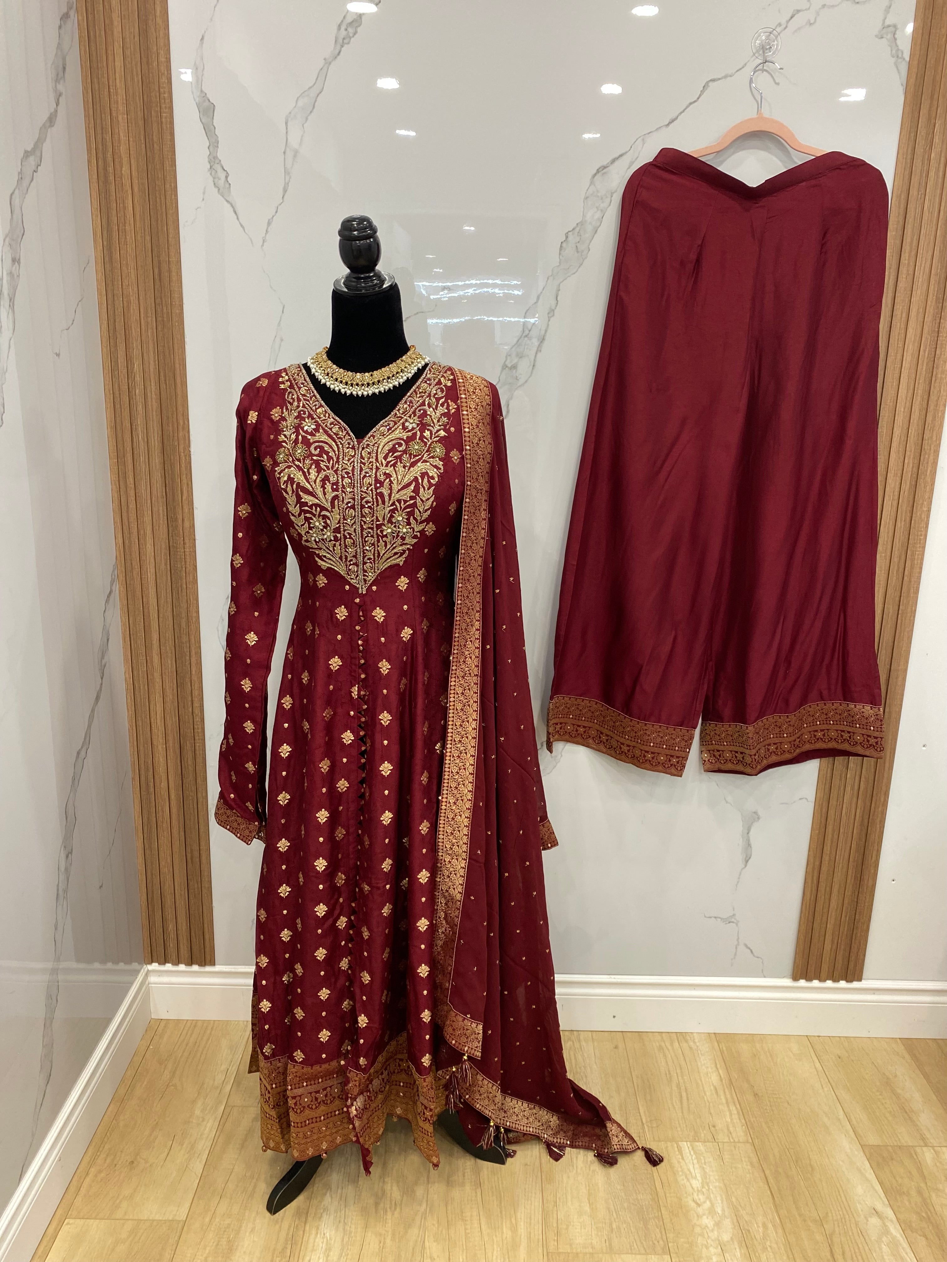 Designer front slit embroidered silk suit