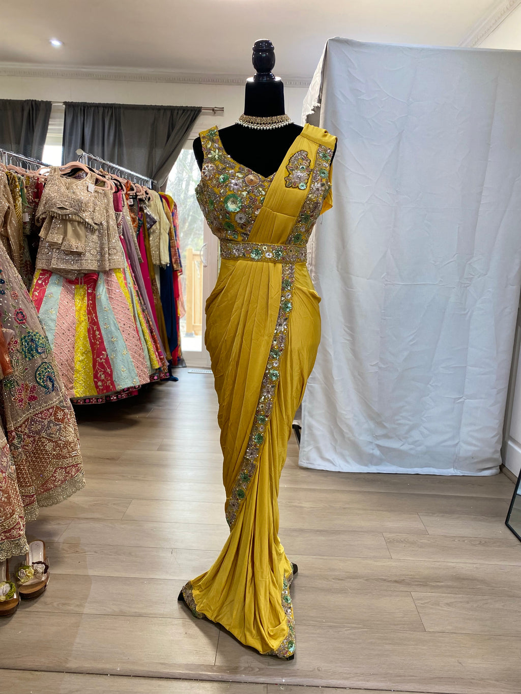 Hand work top with pre drape saree