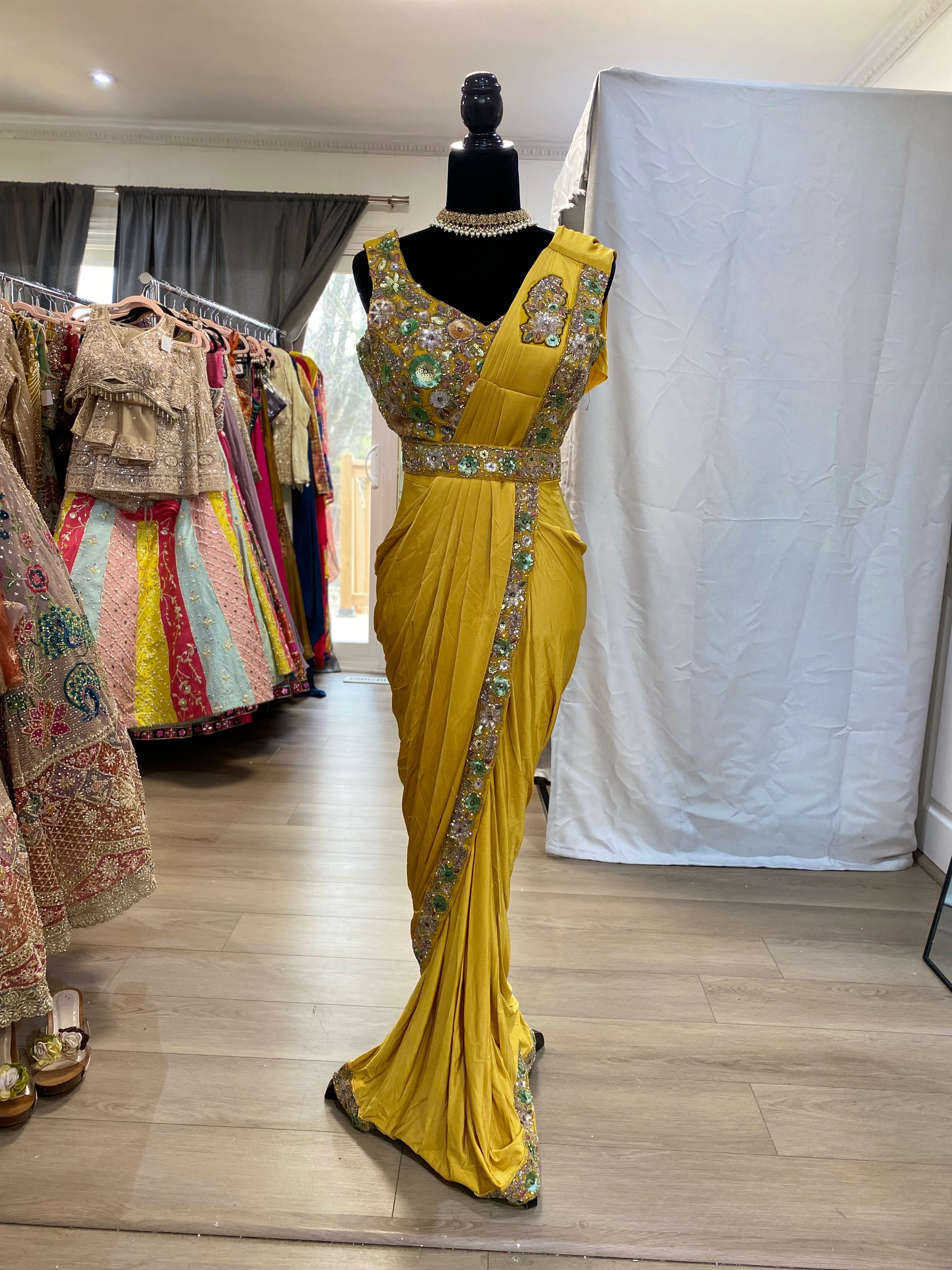Hand work top with pre drape saree