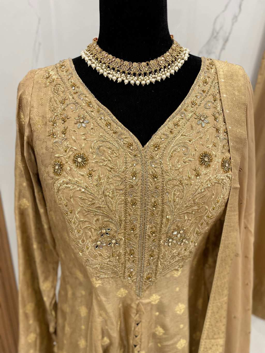 Designer front slit embroidered silk suit