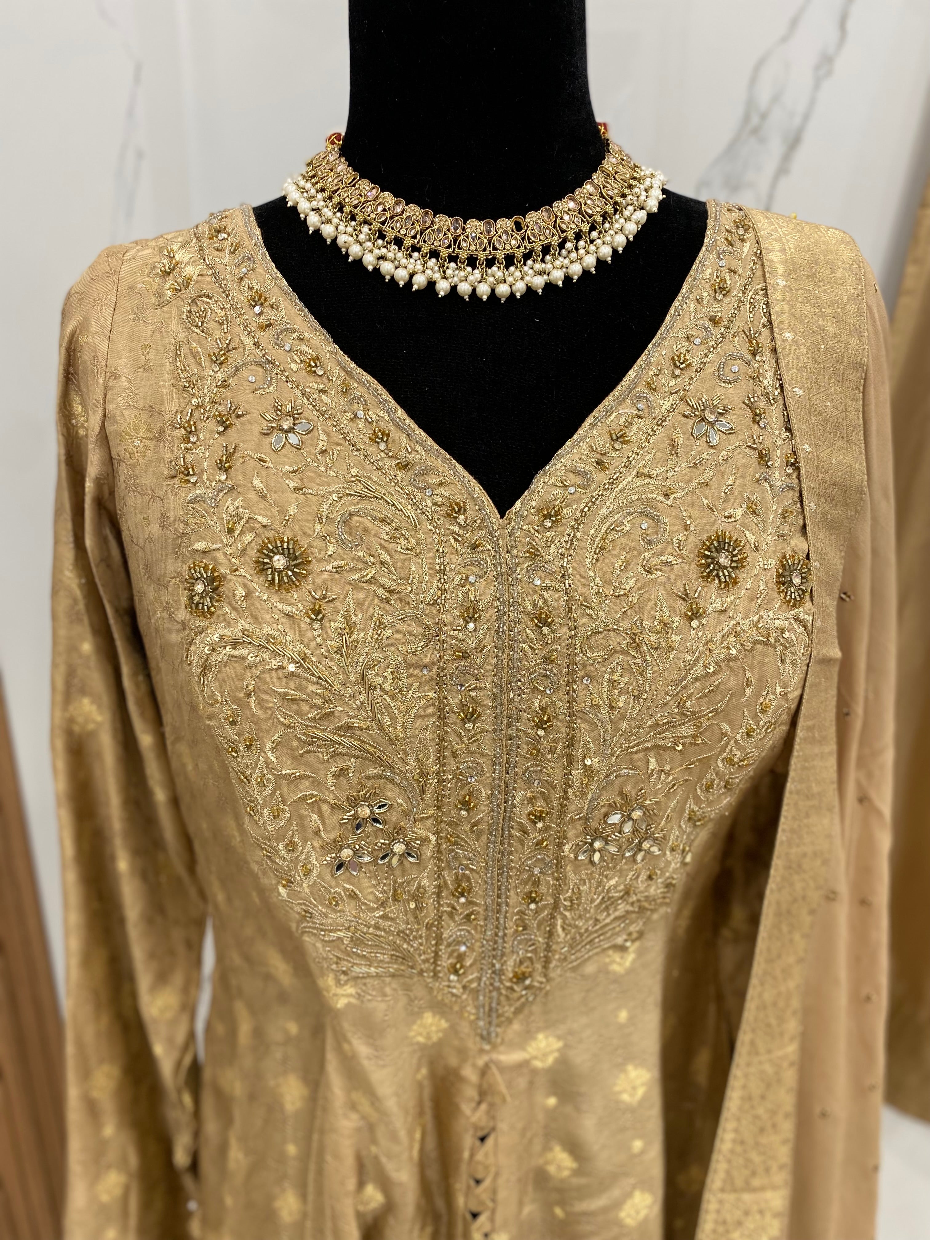 Designer front slit embroidered silk suit