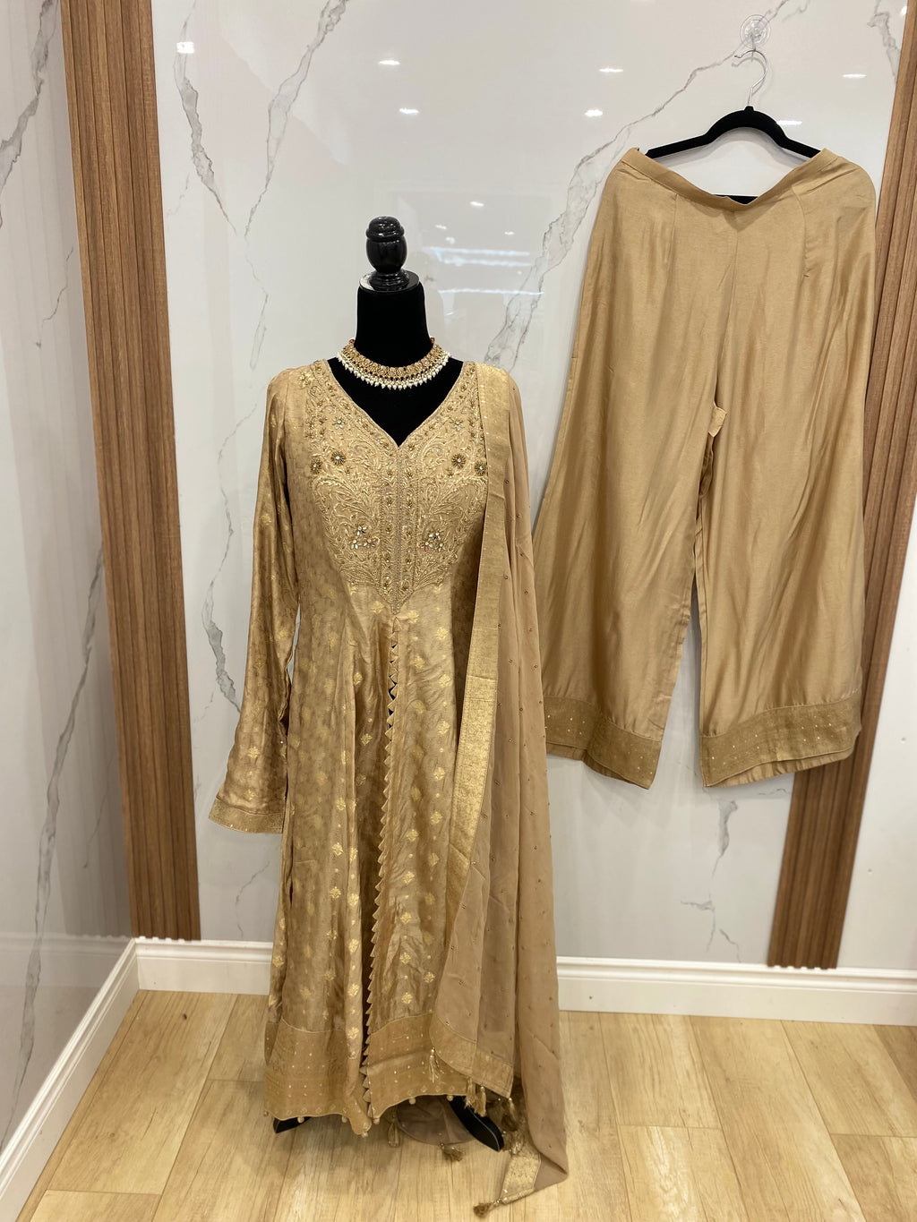 Designer front slit embroidered silk suit
