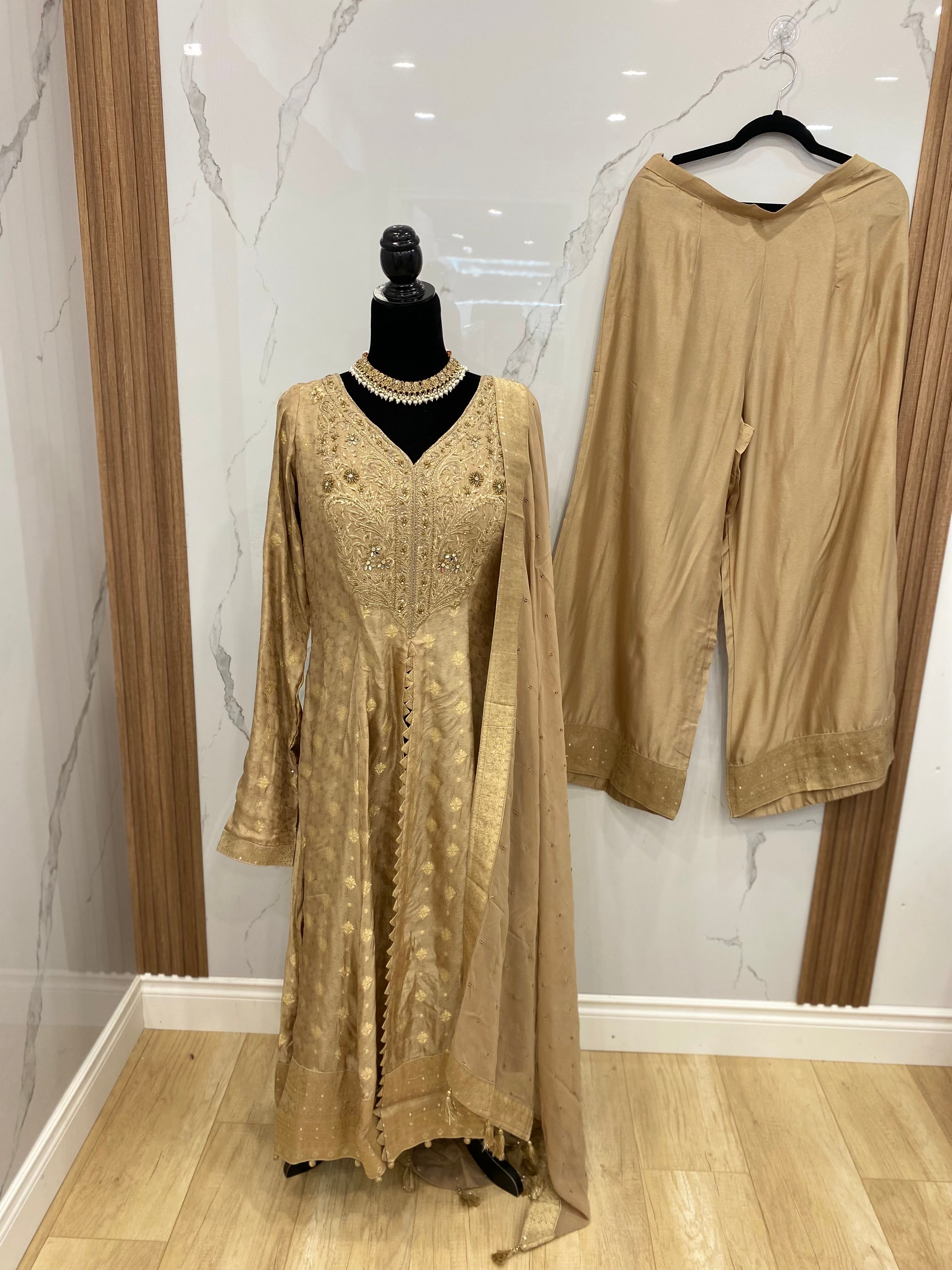 Designer front slit embroidered silk suit