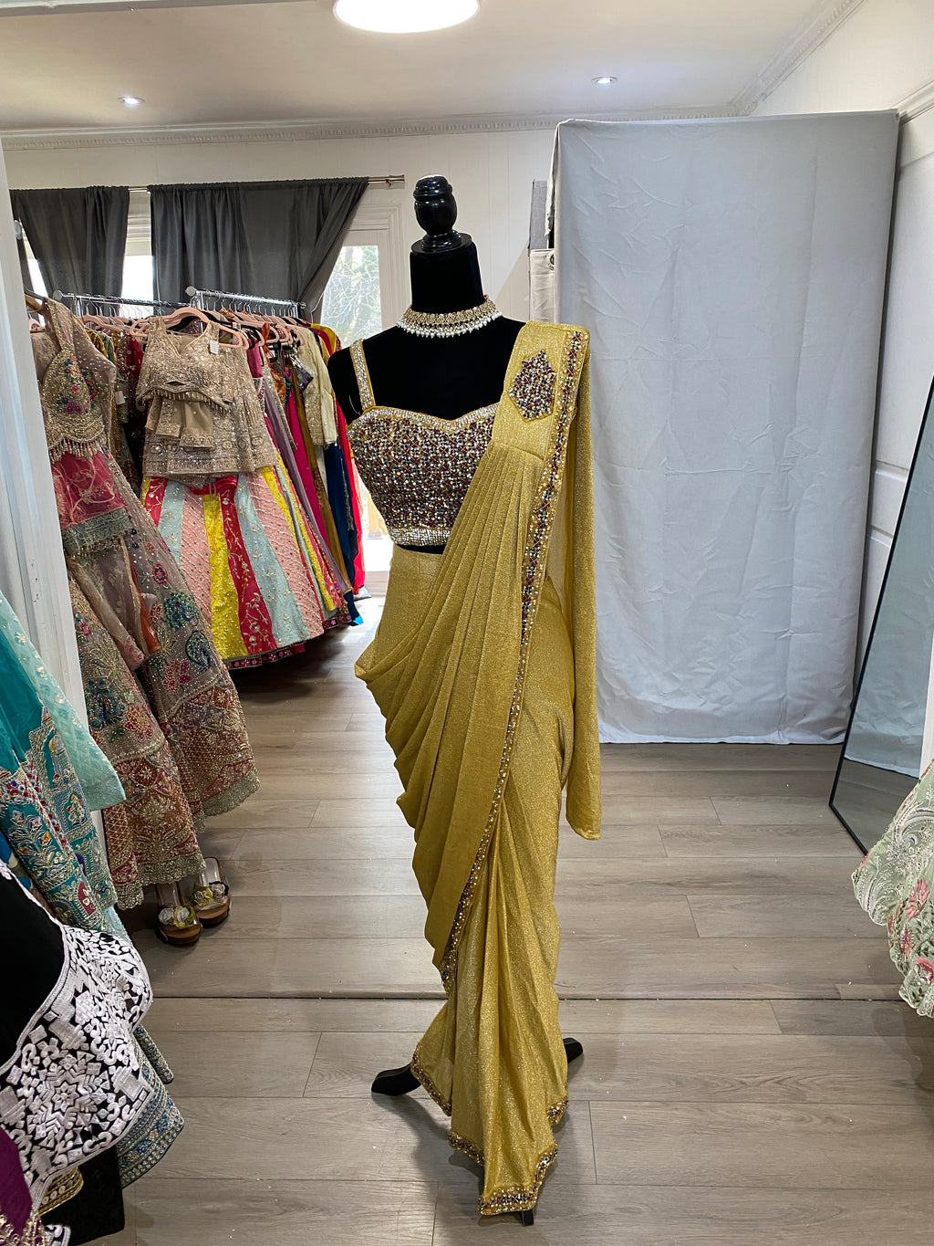 Hand work top with pre drape saree