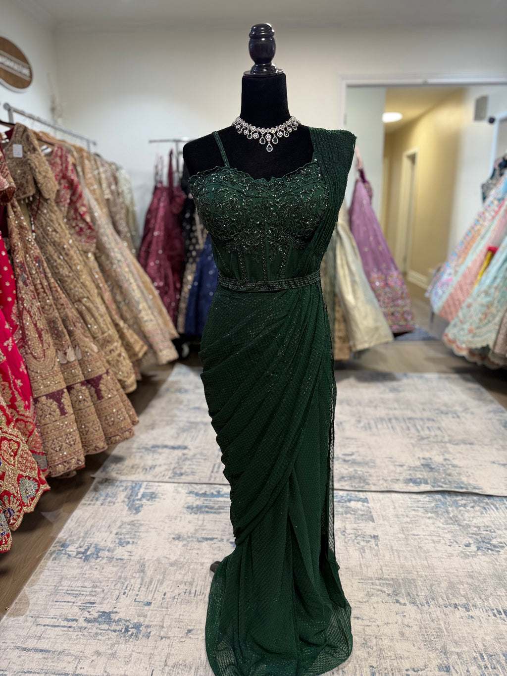 Hand work corset top with pre drape saree