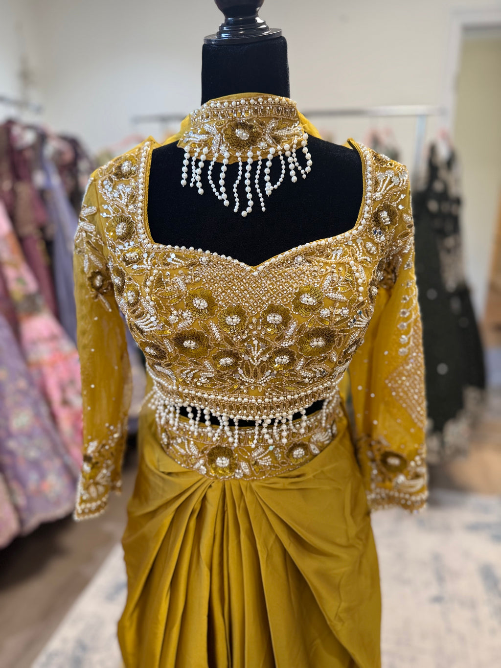 Hand work top with pre drape saree