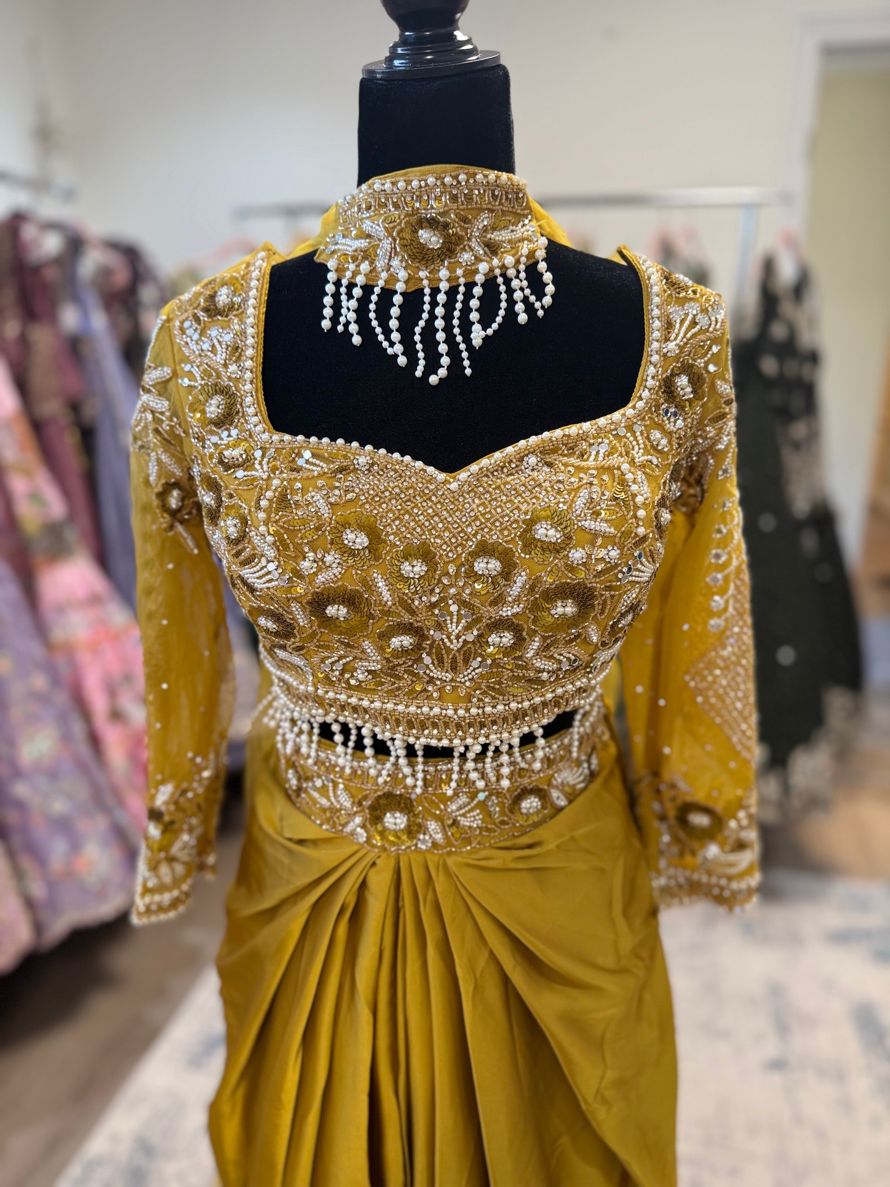Hand work top with pre drape saree
