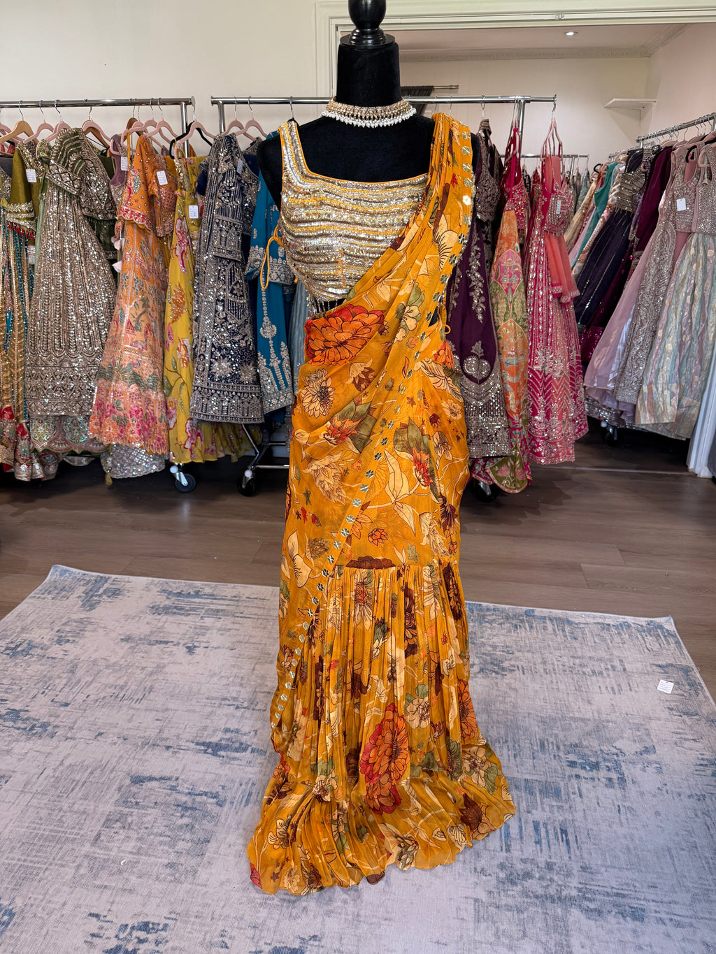 Hand work top with pre drape saree