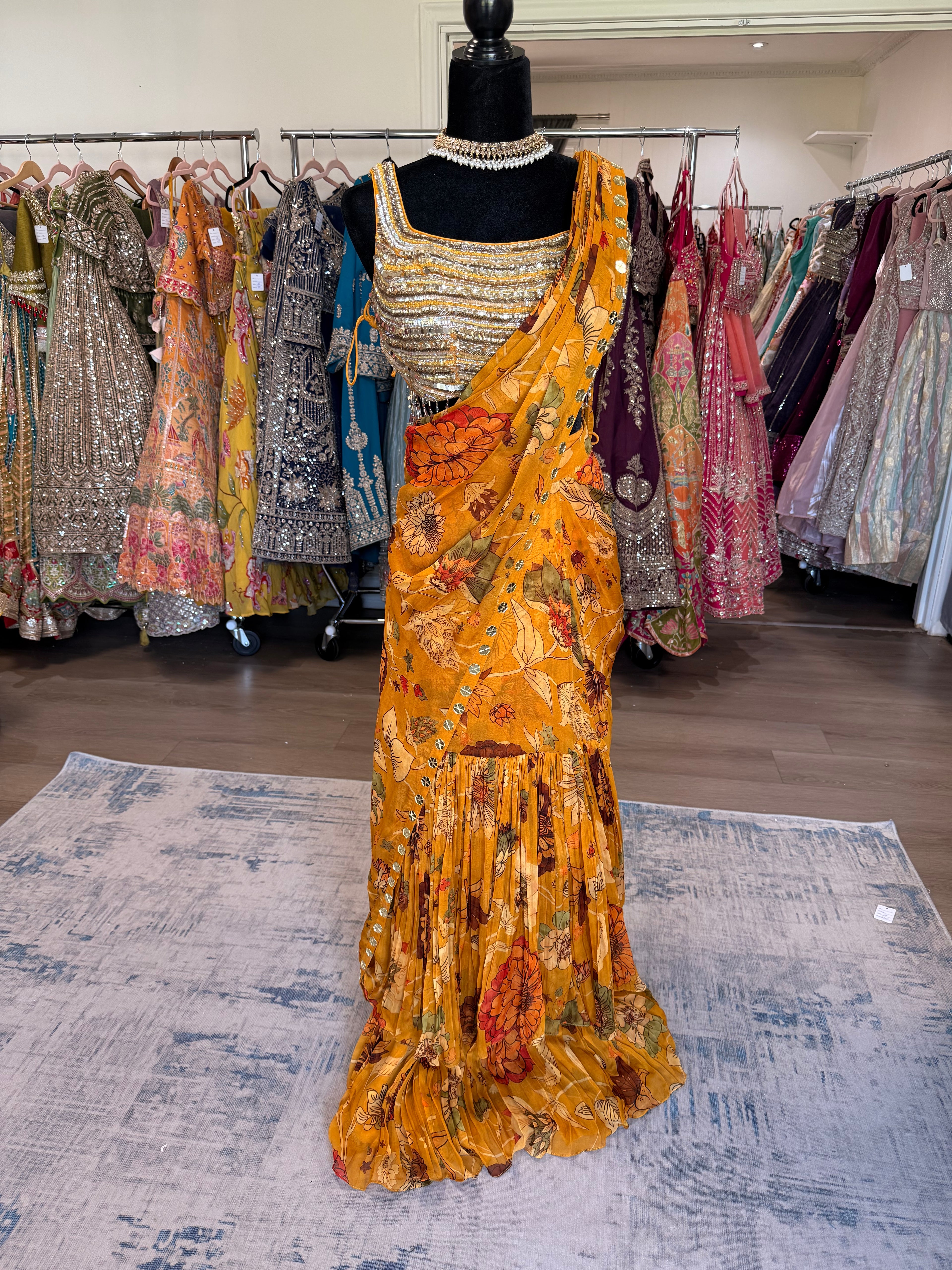 Hand work top with pre drape saree