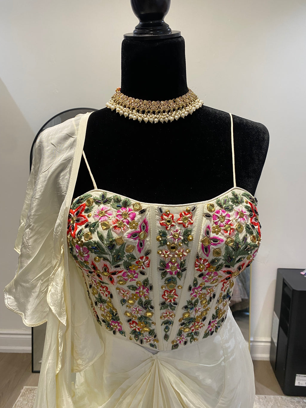 Hand work corset top with pleated skirt and ruffle dhupatta
